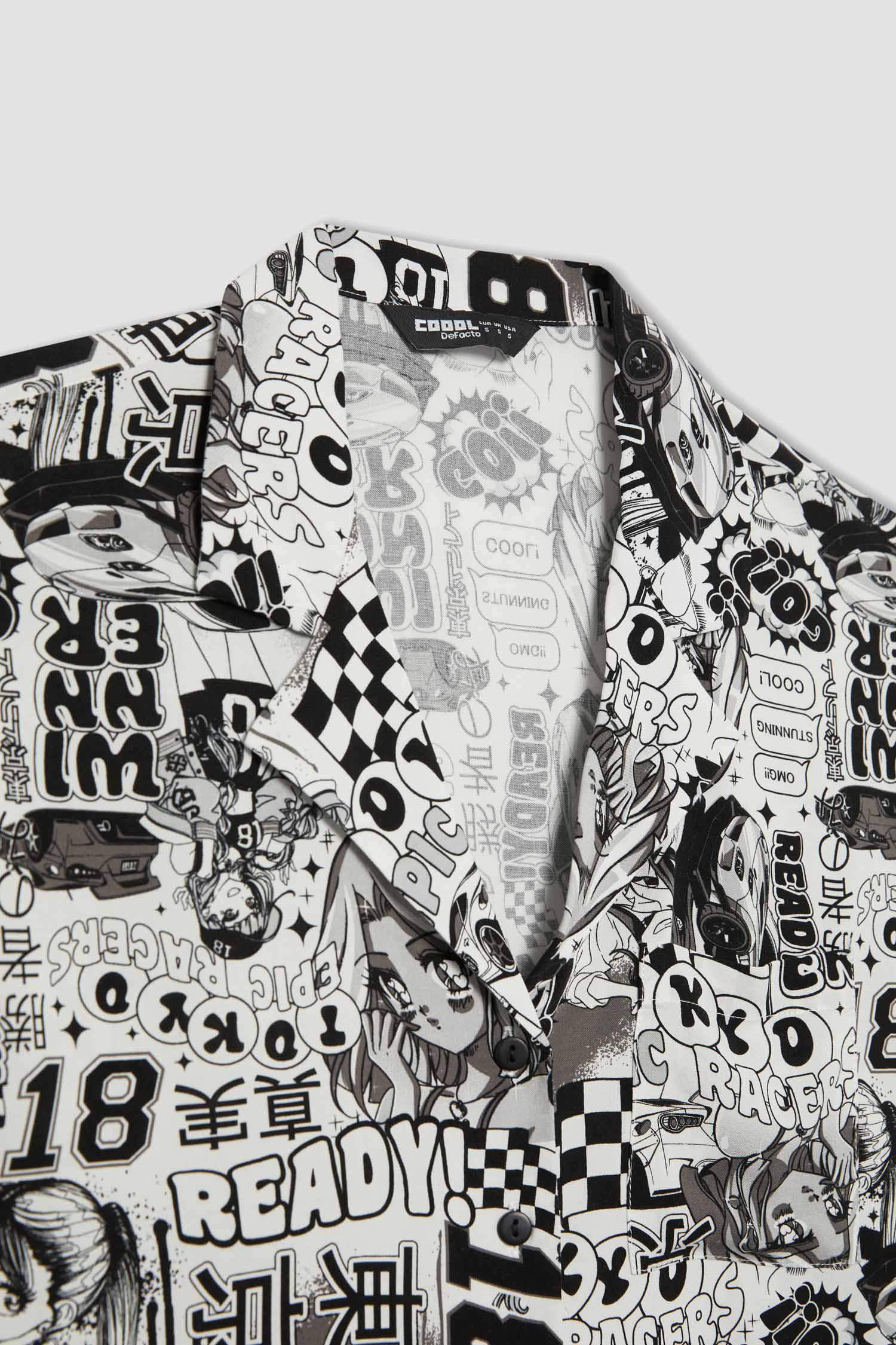 Patterned Pajama Collar Short Sleeve Shirt