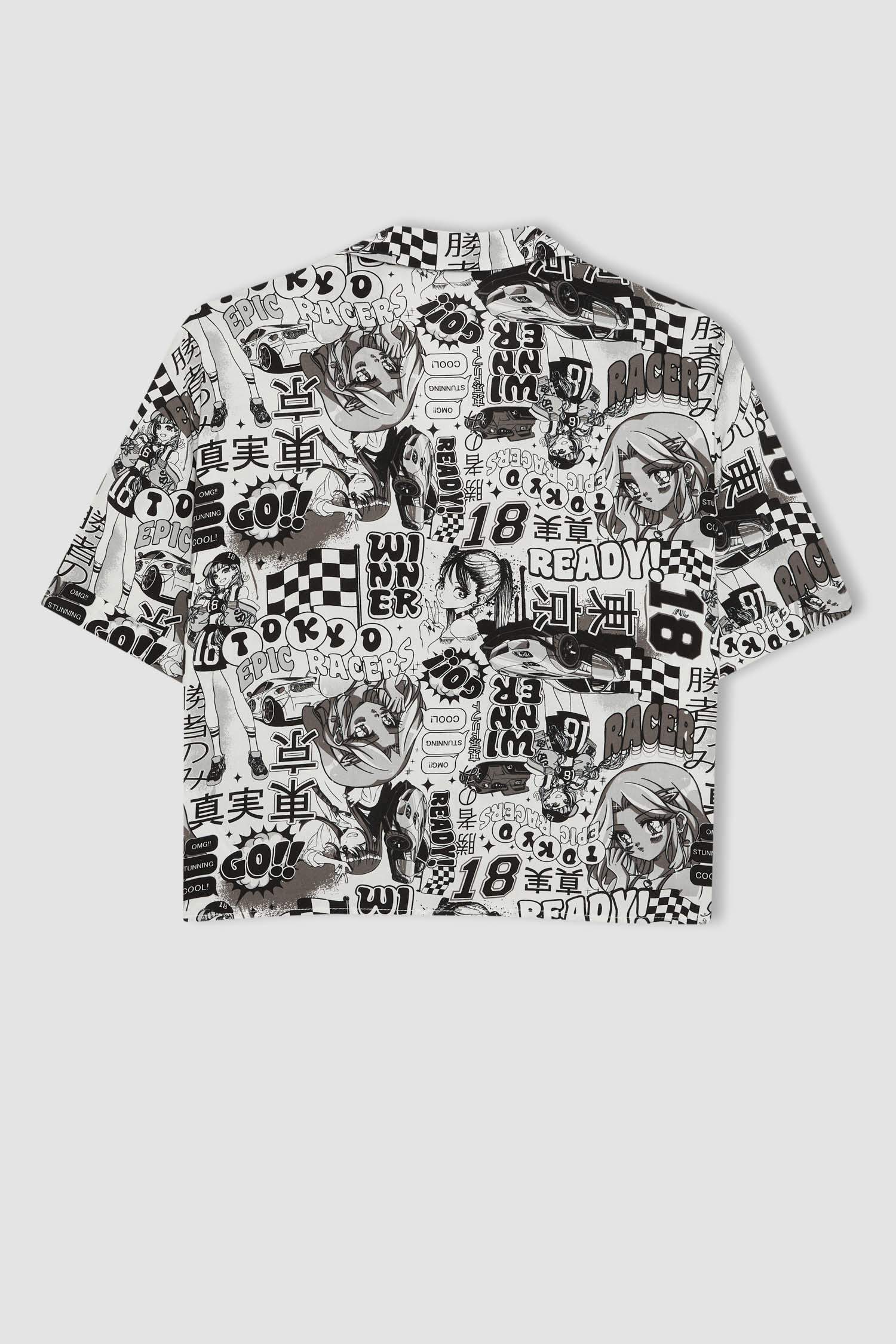 Patterned Pajama Collar Short Sleeve Shirt