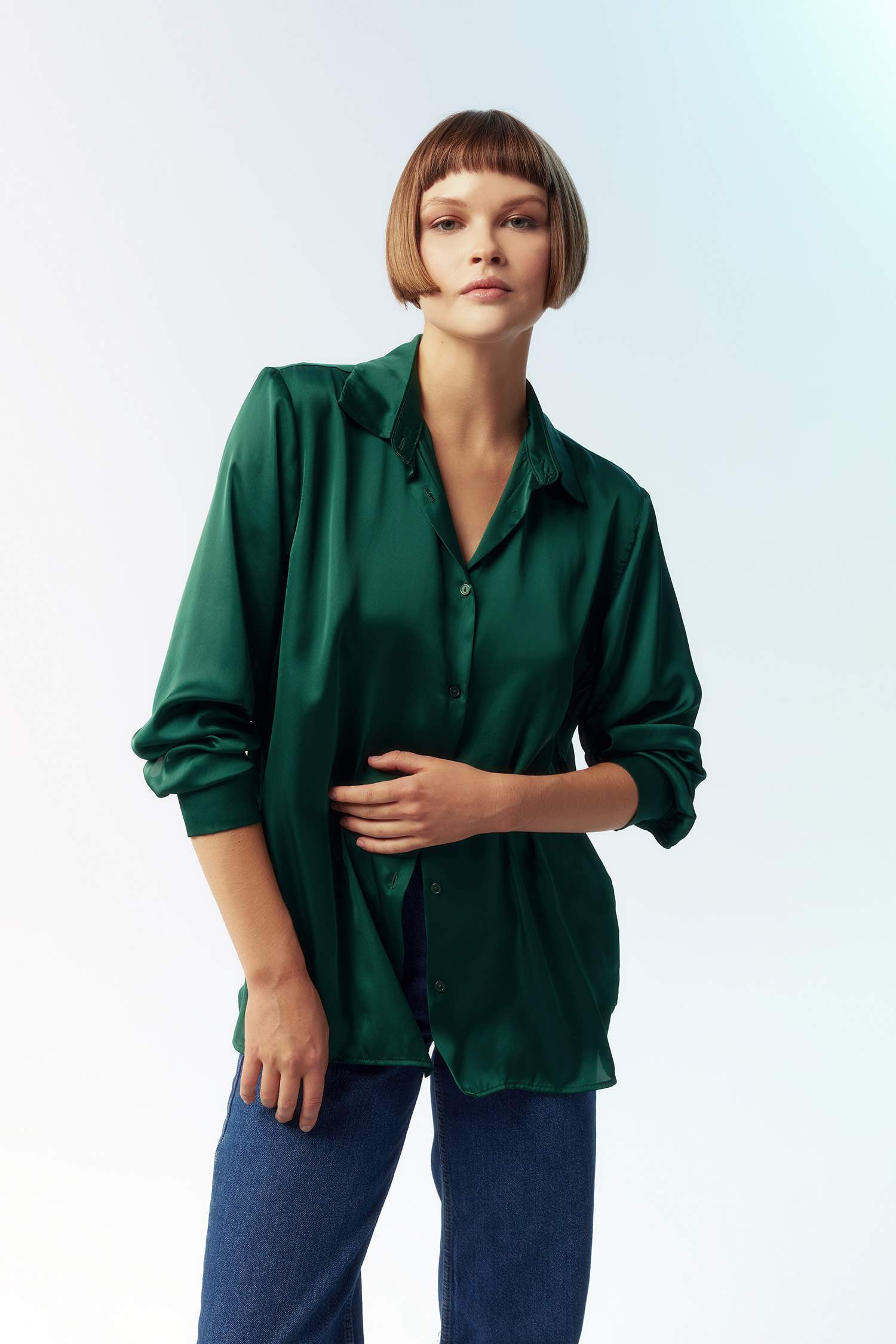 Regular Fit Shirt Collar Satin Long Sleeve Shirt