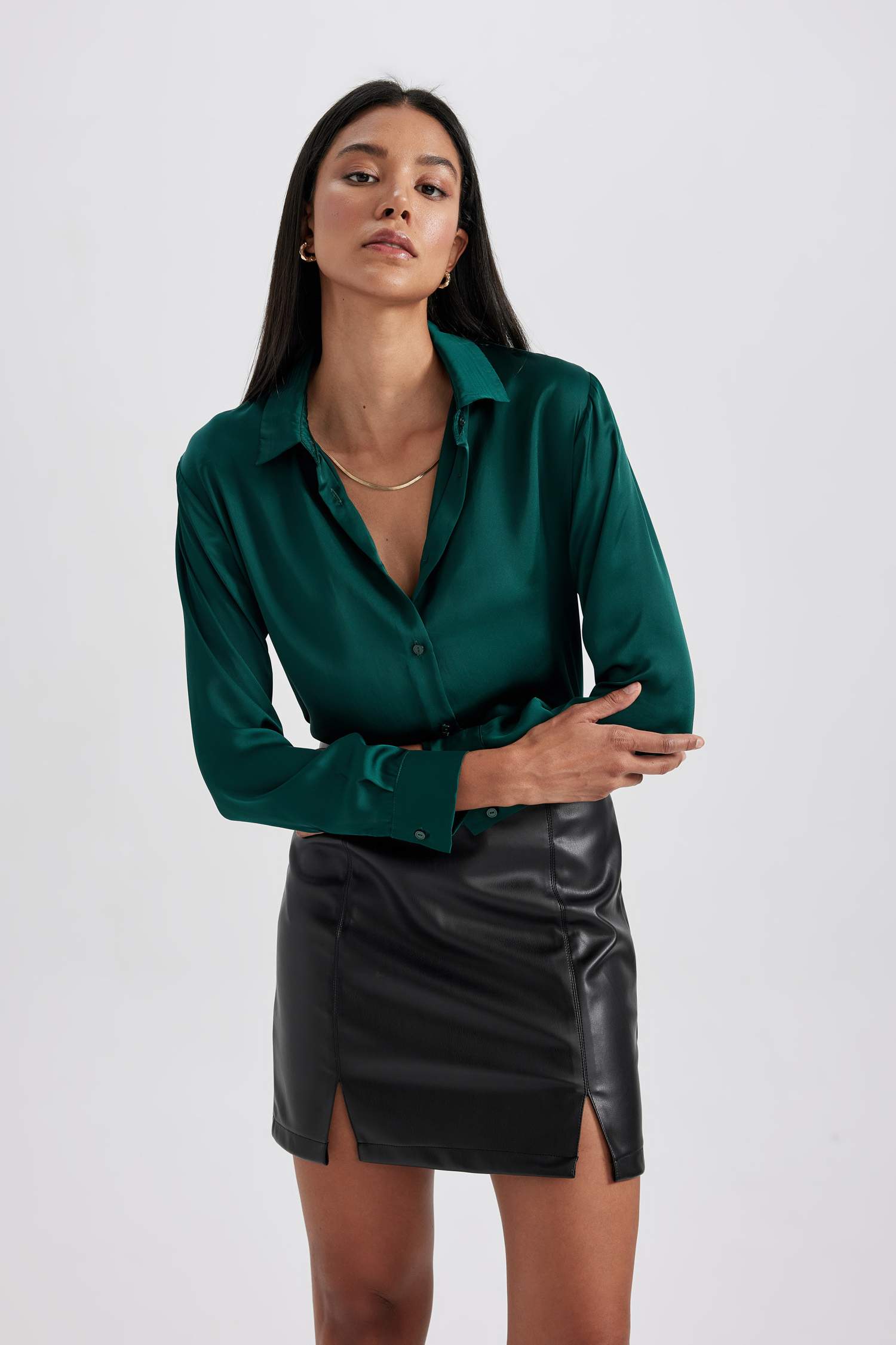 Regular Fit Shirt Collar Satin Long Sleeve Shirt