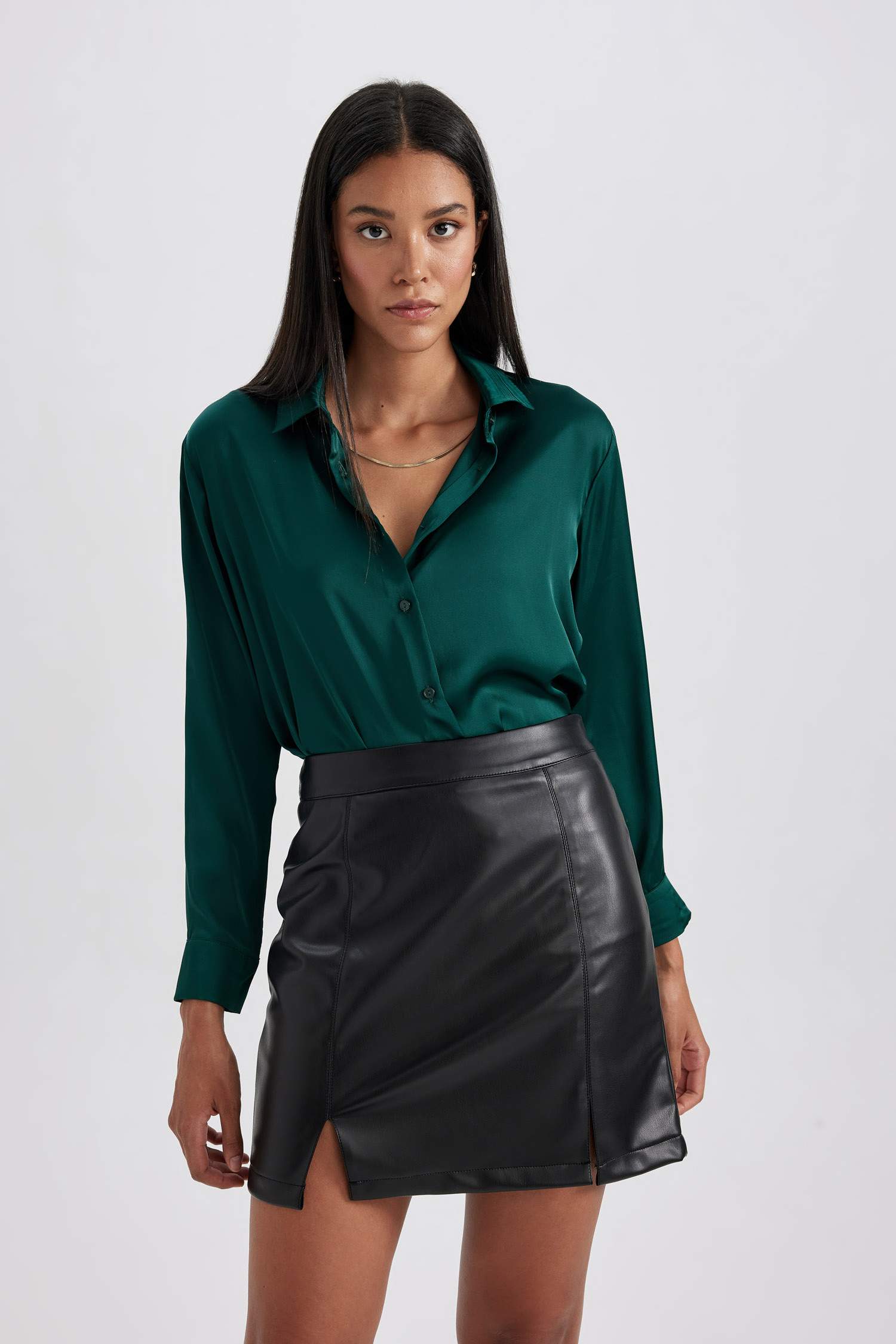 Regular Fit Shirt Collar Satin Long Sleeve Shirt