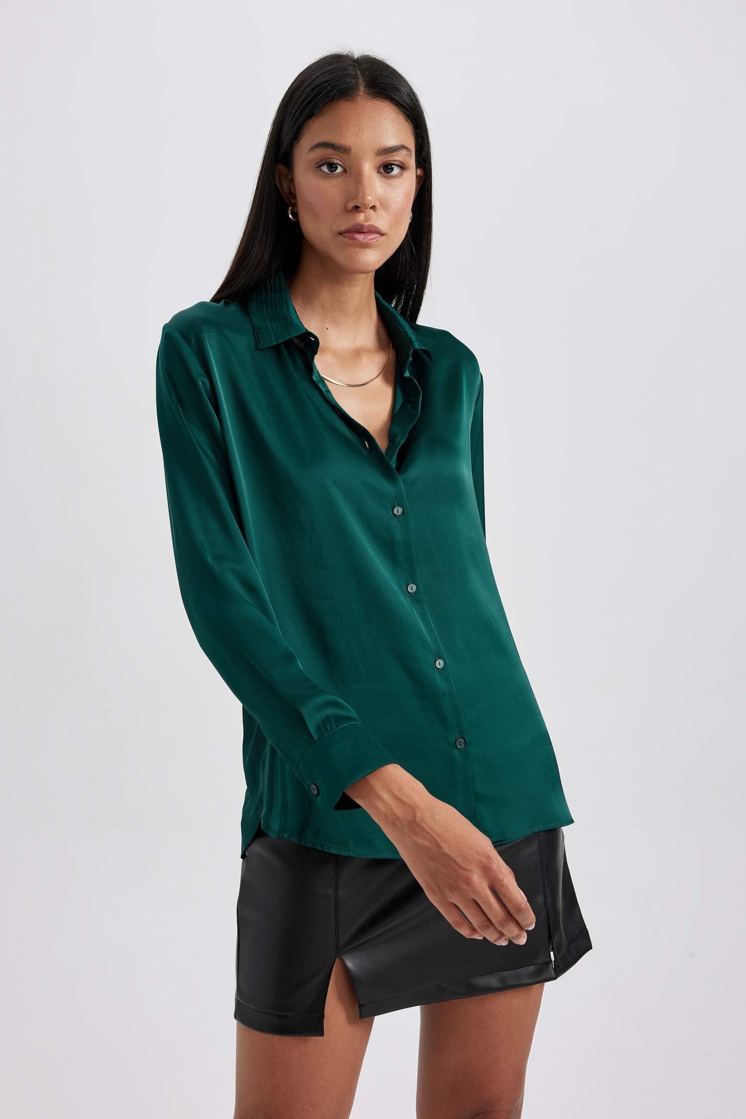 Regular Fit Shirt Collar Satin Long Sleeve Shirt