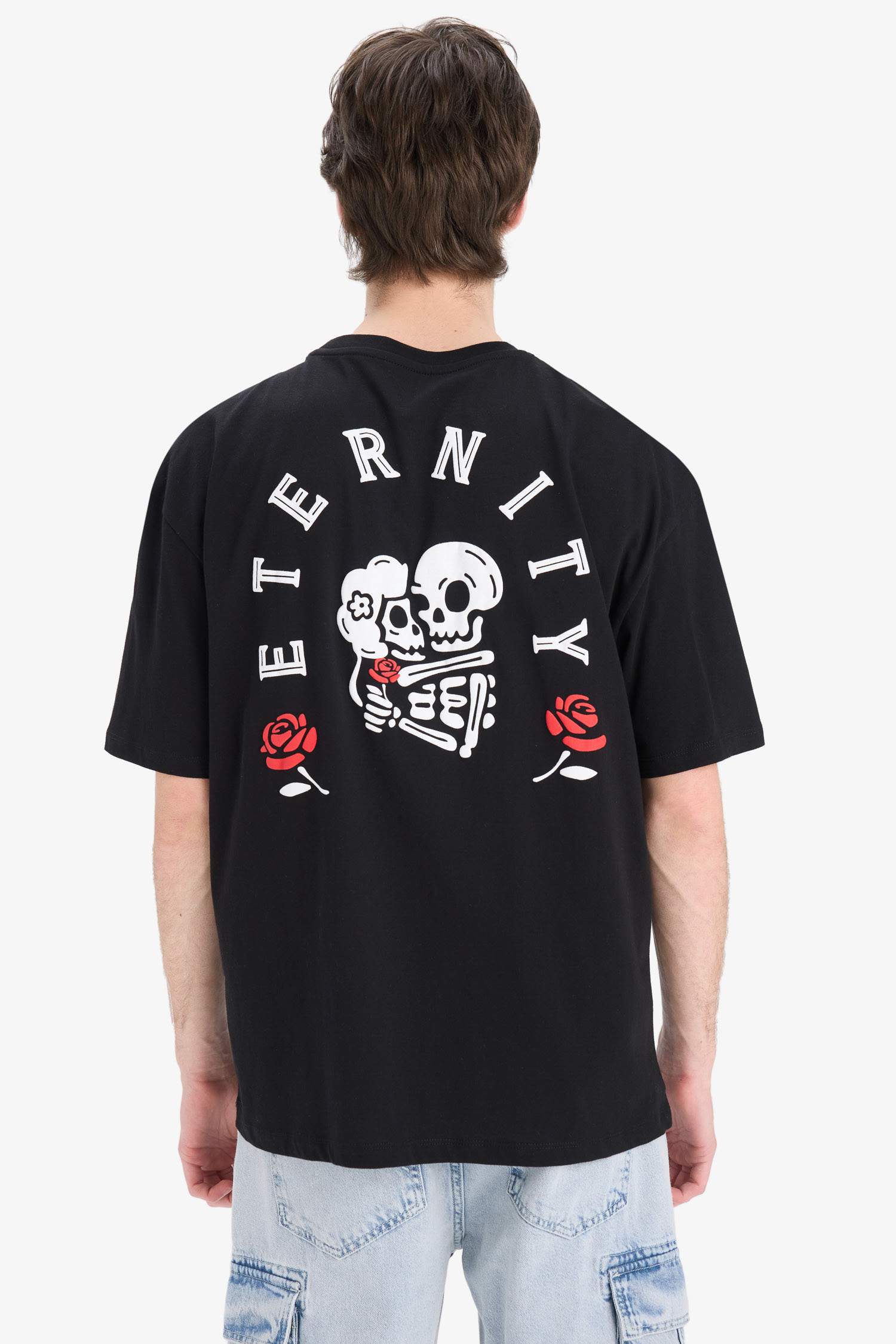 %100 Pamuk Oversize Geniş Kalıp Bisiklet Yaka Sırt Baskılı Kısa Kollu Tişört