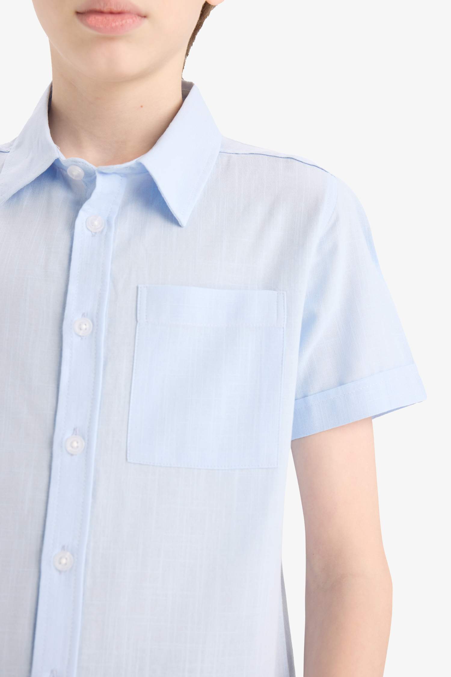 Erkek Çocuk Polo Yaka Keten Görünümlü Basic Düz Kısa Kollu Gömlek