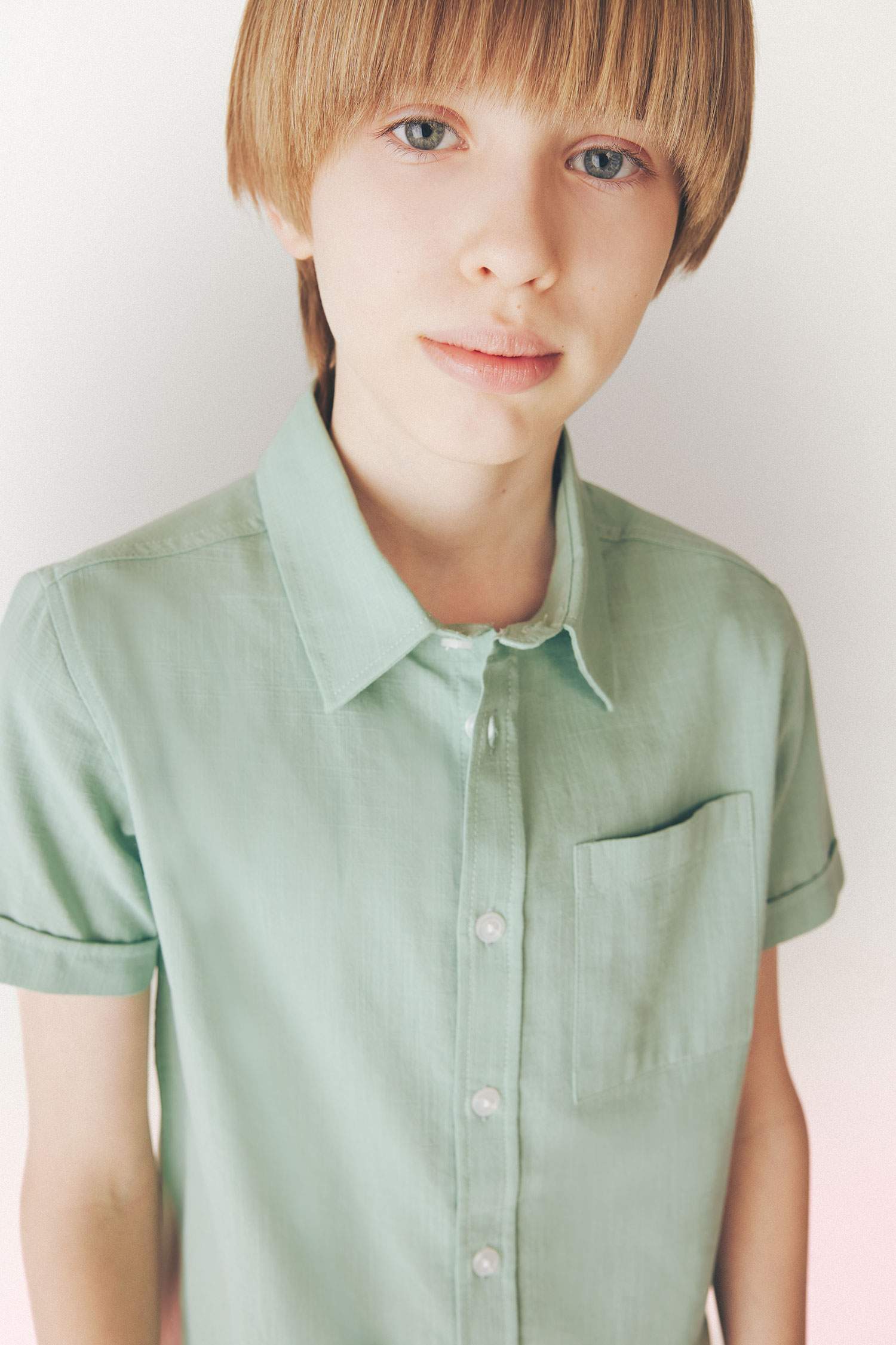 Boy Polo Neck Linen Look Basic Short Sleeve Shirt