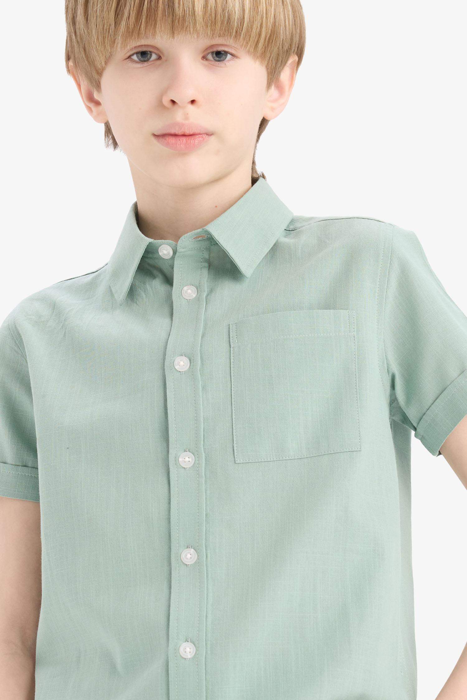 Boy Polo Neck Linen Look Basic Short Sleeve Shirt