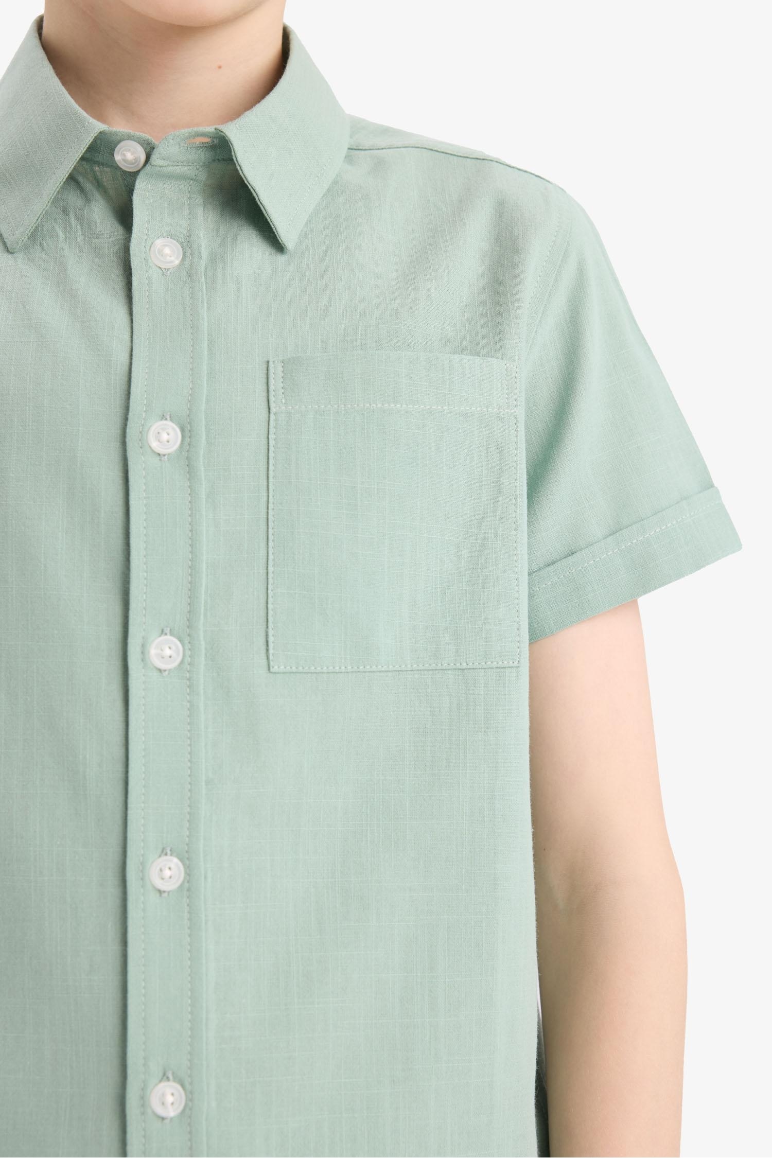 Boy Polo Neck Linen Look Basic Short Sleeve Shirt