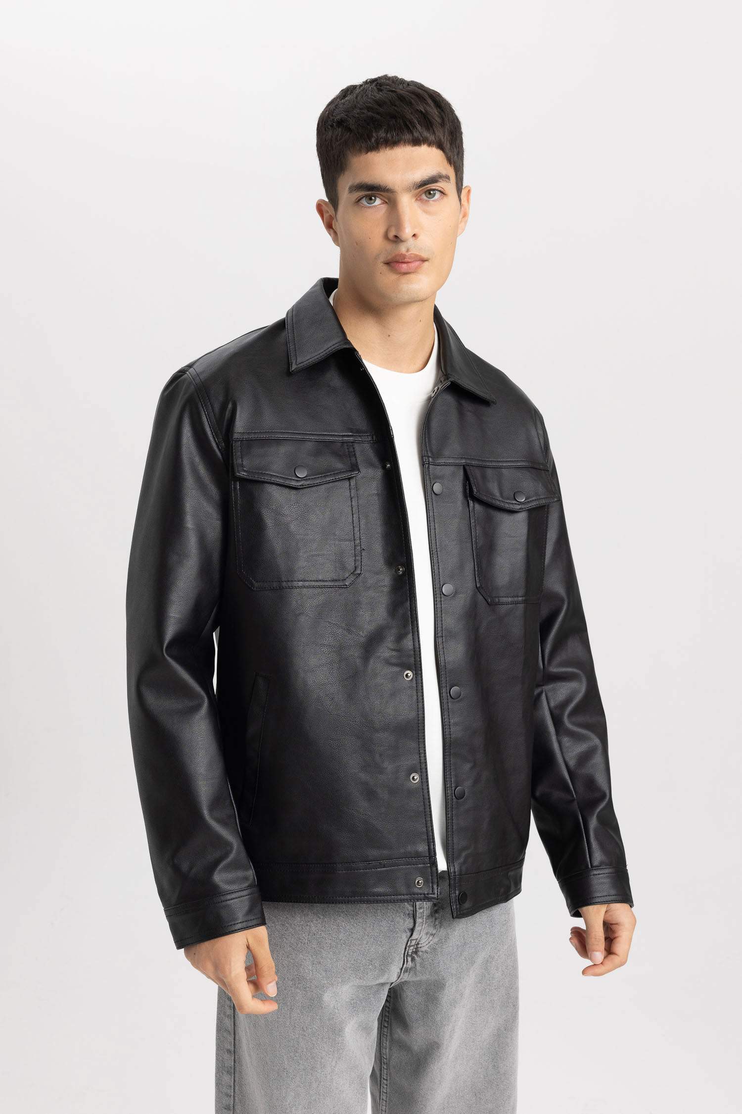 Slim Fit Polo Yaka Suni Deri Mont