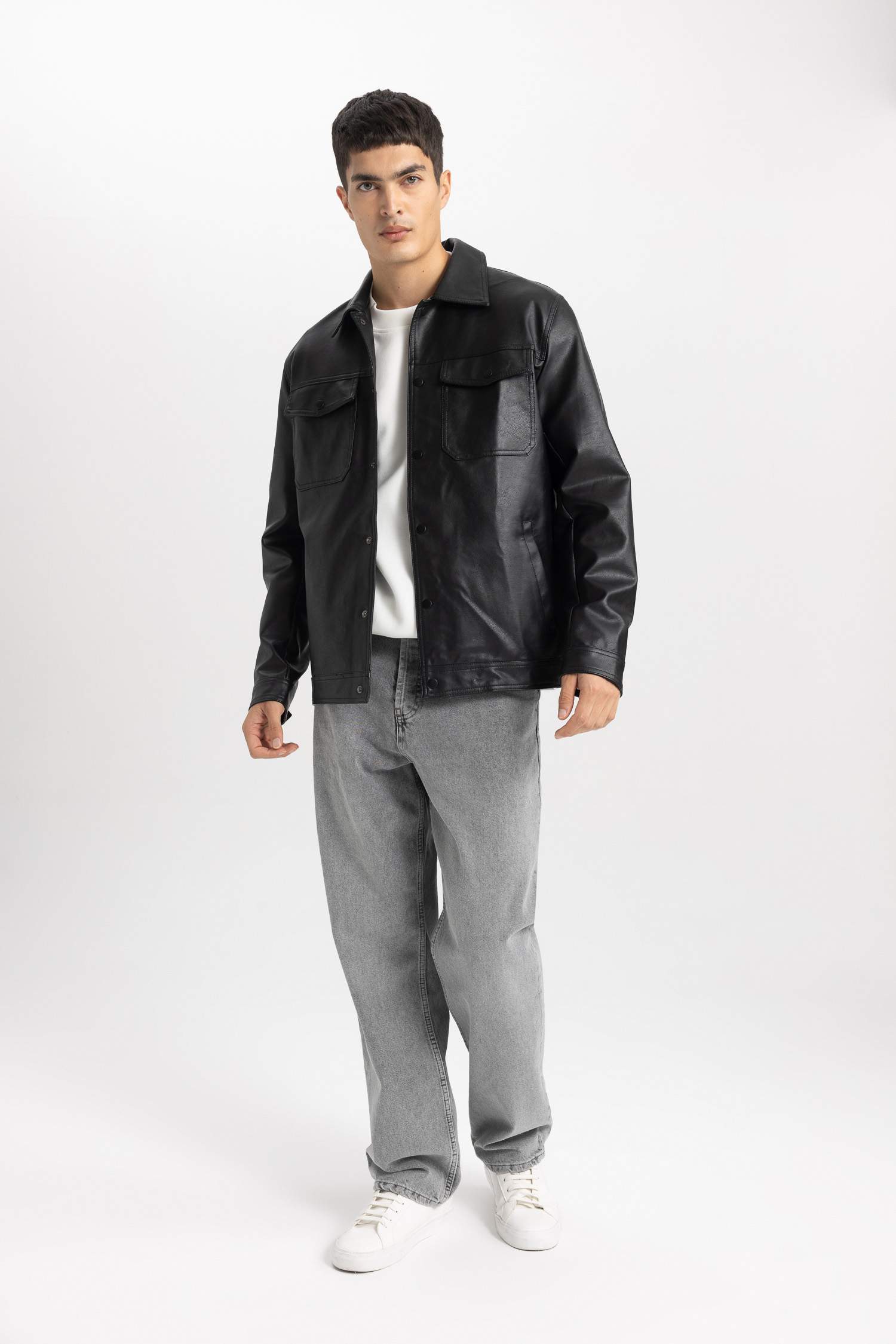 Slim Fit Polo Yaka Suni Deri Mont