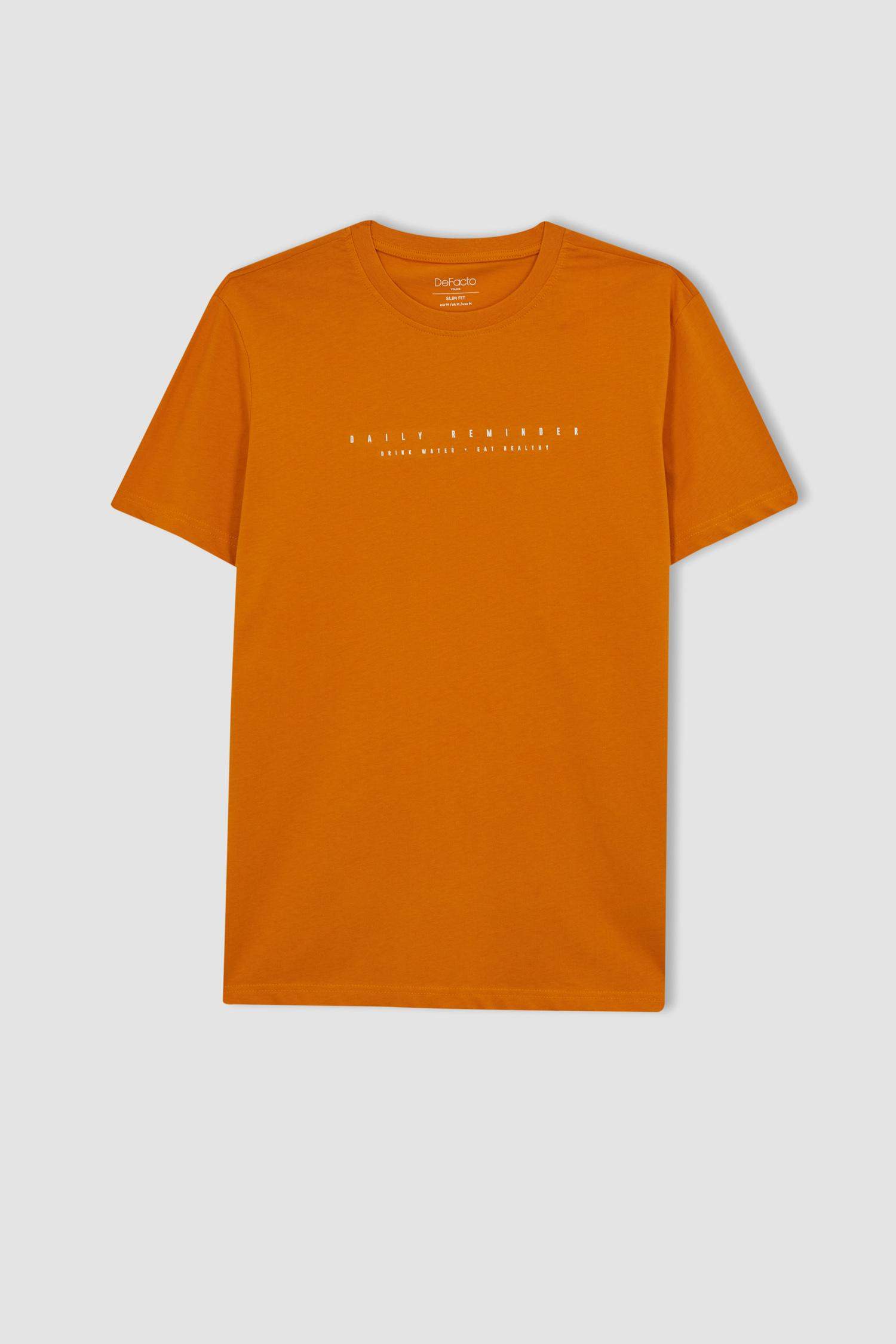 برتقالي رجال Slim Fit Crew Neck Printed T-Shirt 2793002 | DeFacto