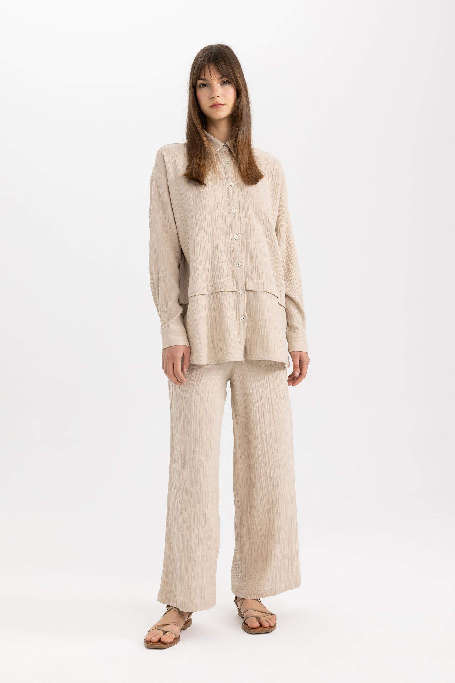 Wide Leg Geniş Bol Paça Beli Lastikli Basic Düz Muslin Pantolon