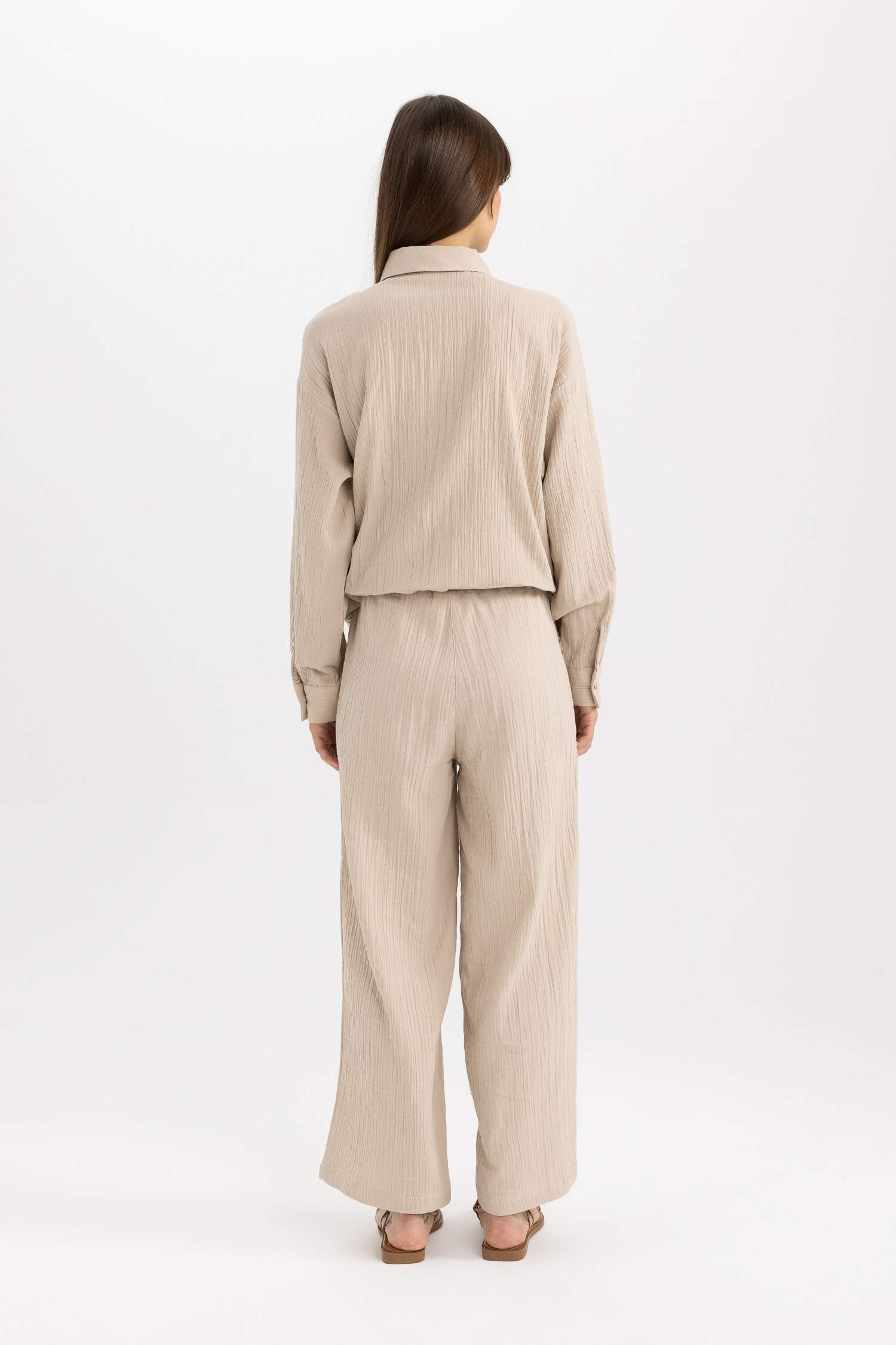 Wide Leg Geniş Bol Paça Beli Lastikli Basic Düz Muslin Pantolon