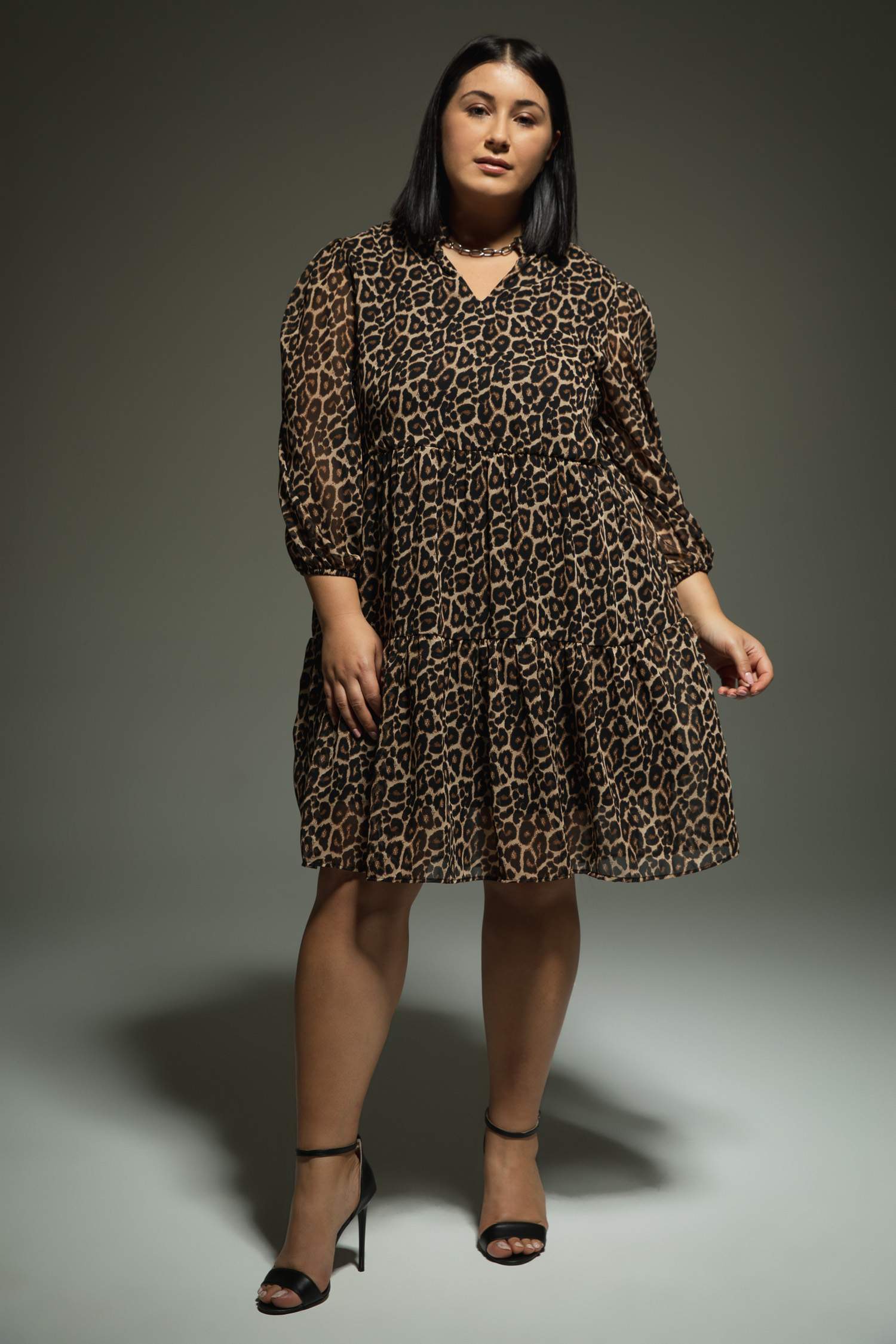 A Cut V-Neck Animal Chiffon Midi Dress