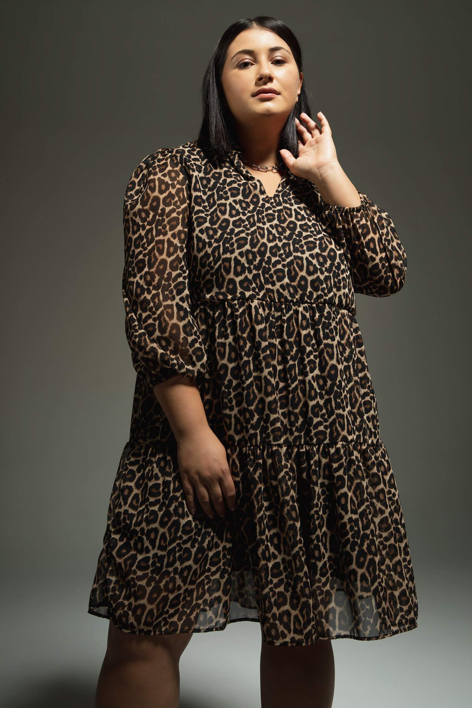 A Cut V-Neck Animal Chiffon Midi Dress