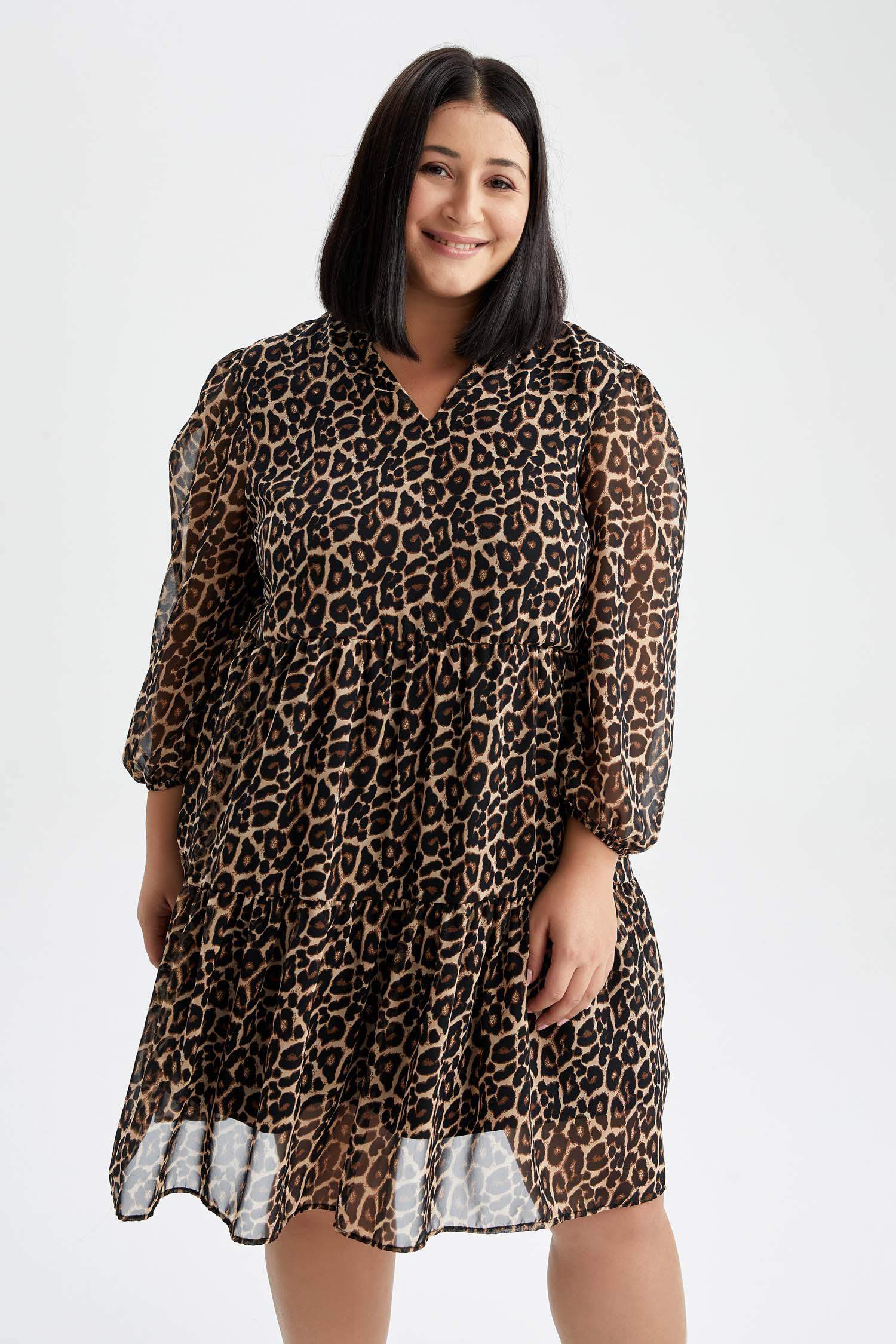 A Cut V-Neck Animal Chiffon Midi Dress