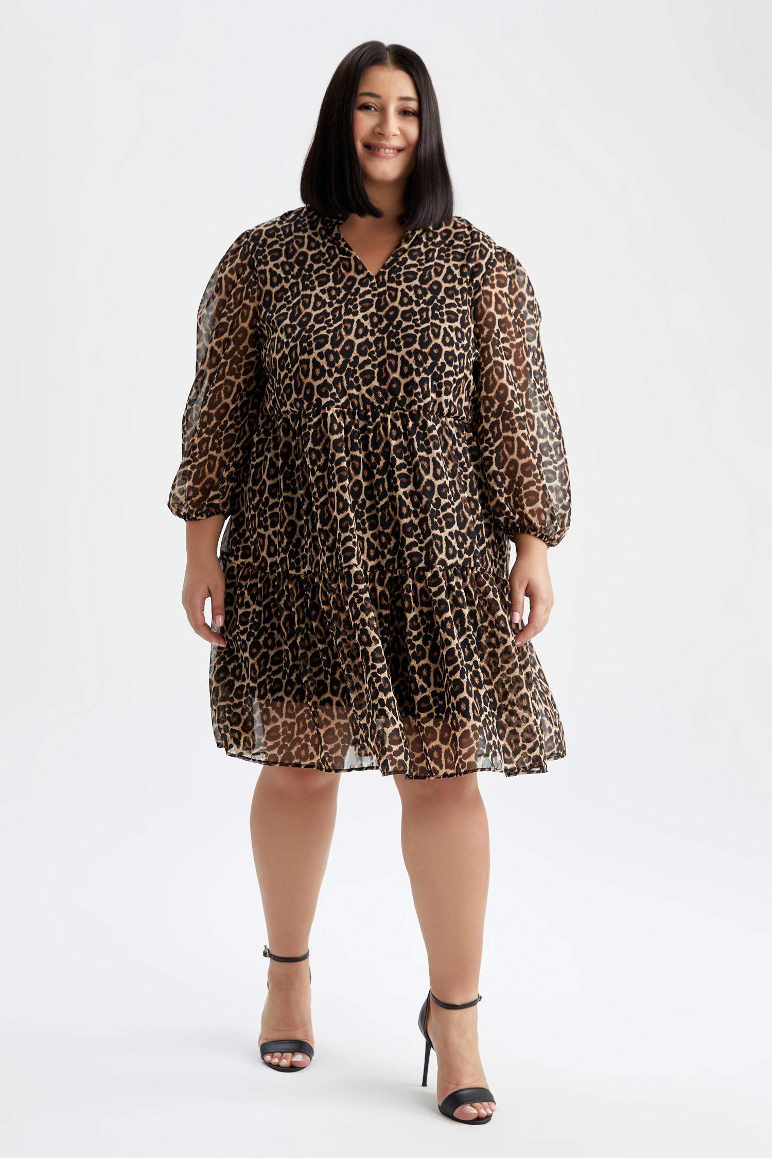 A Cut V-Neck Animal Chiffon Midi Dress