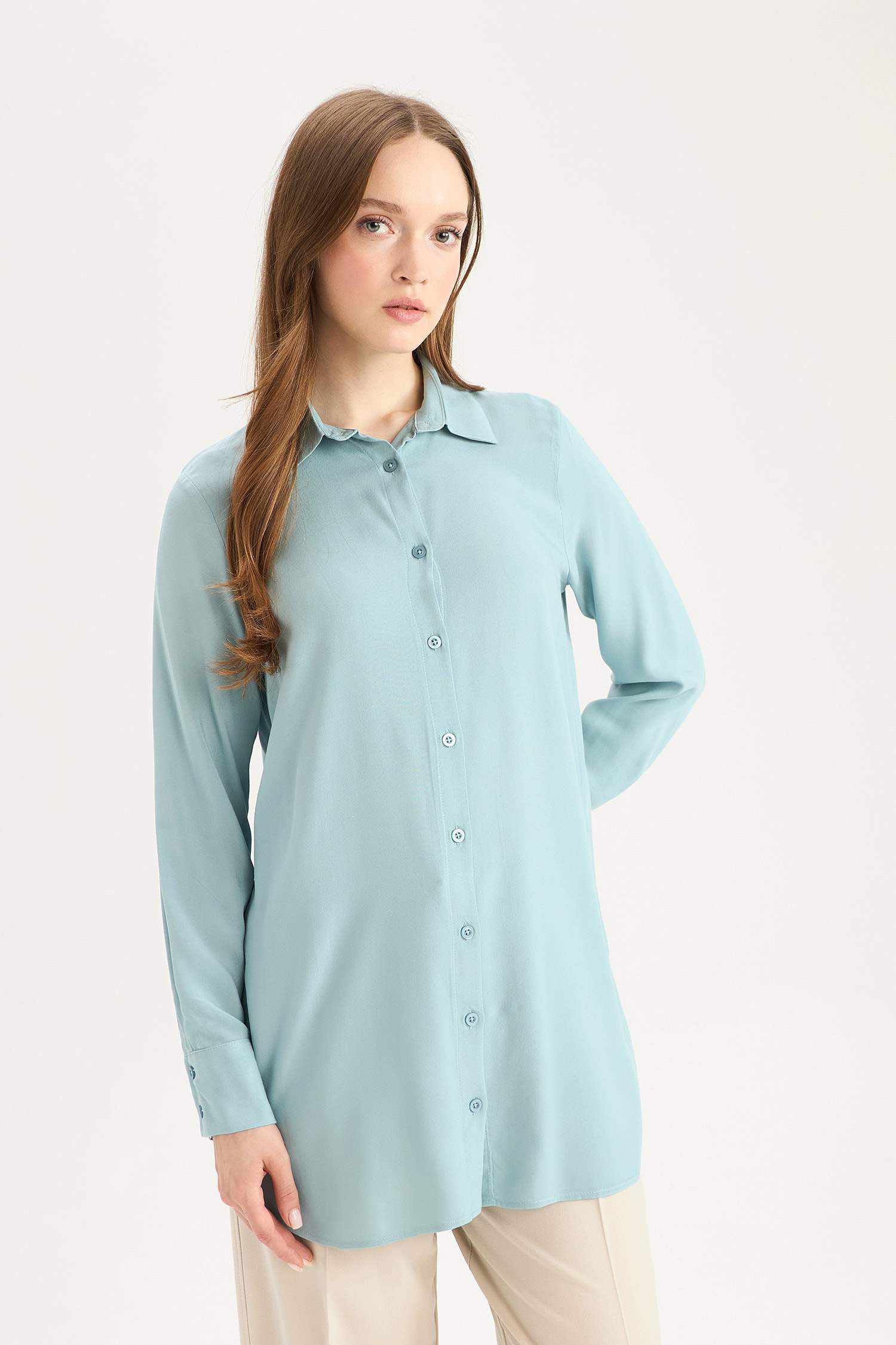 Regular Fit Basic Düz Uzun Kollu Tesettür Gömlek Tunik