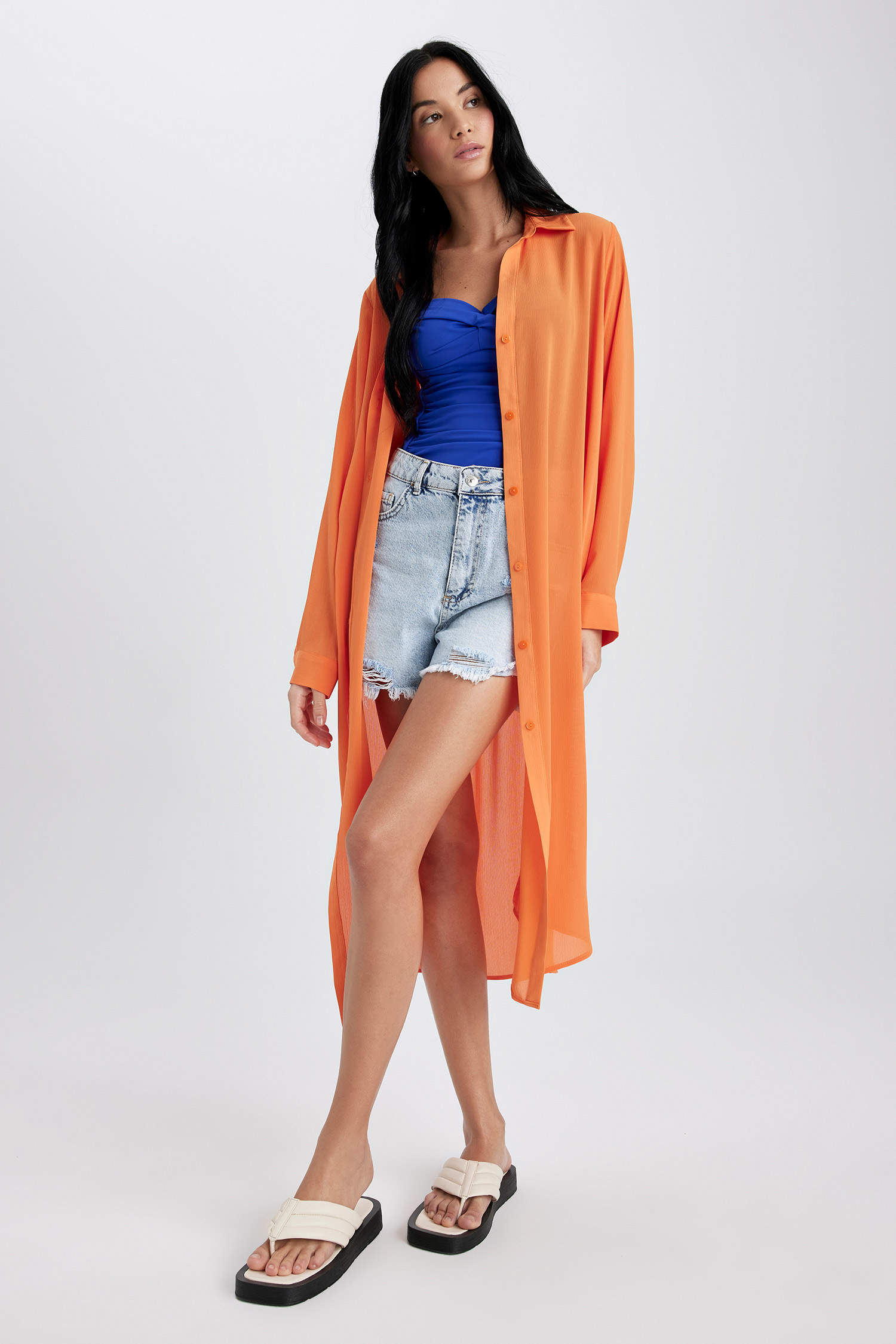 Orange WOMEN Fall in Love Long Sleeve Chiffon Beach Shirt 2758635 | DeFacto
