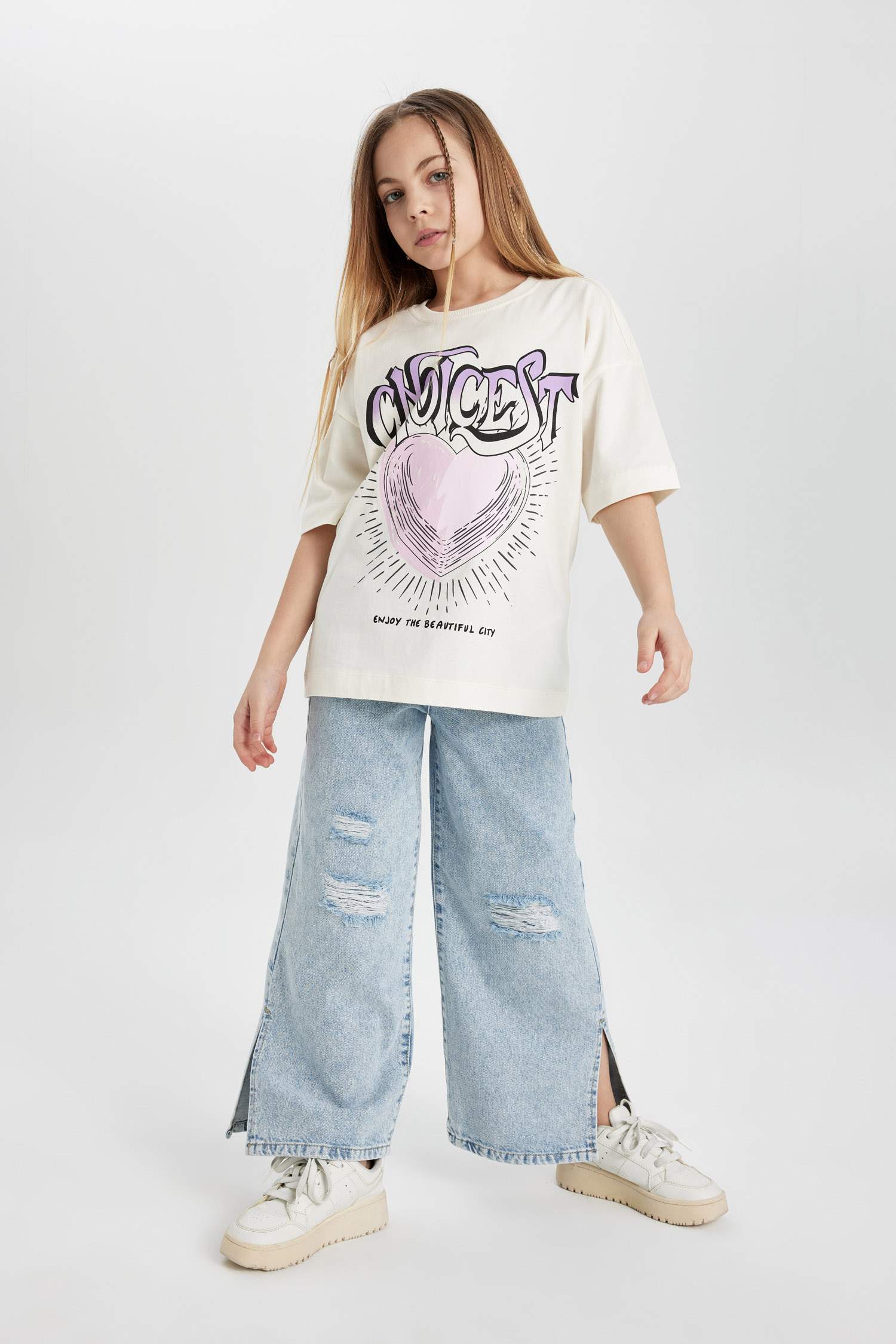 Kız Çocuk Wide Leg Yırtık Detaylı Geniş Paça Jean Pantolon