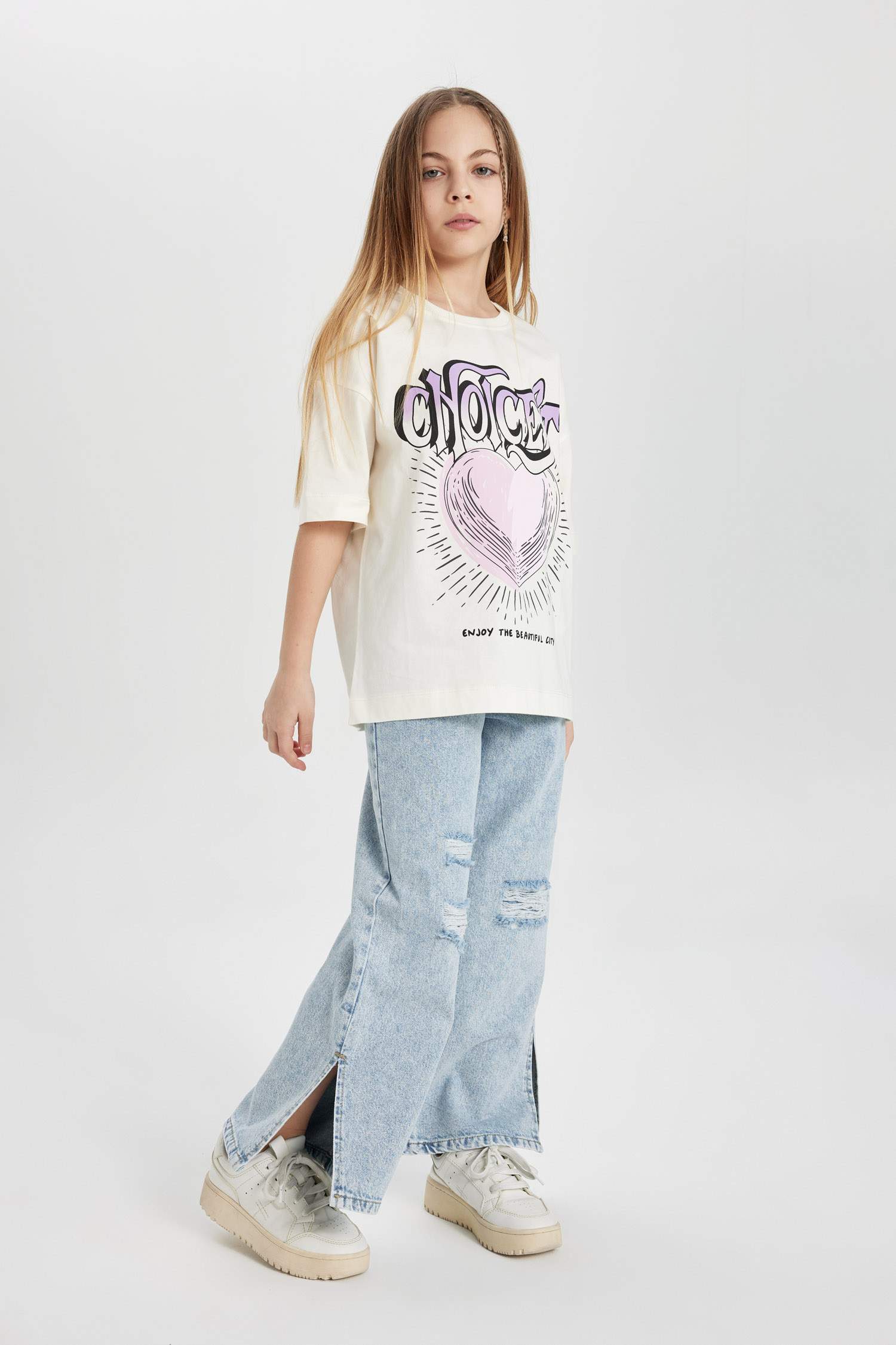 Kız Çocuk Wide Leg Yırtık Detaylı Geniş Paça Jean Pantolon