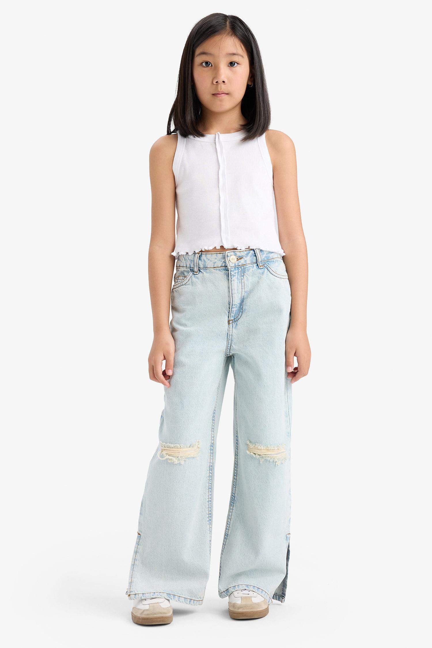 Kız Çocuk Wide Leg Yırtık Detaylı Geniş Paça Jean Pantolon