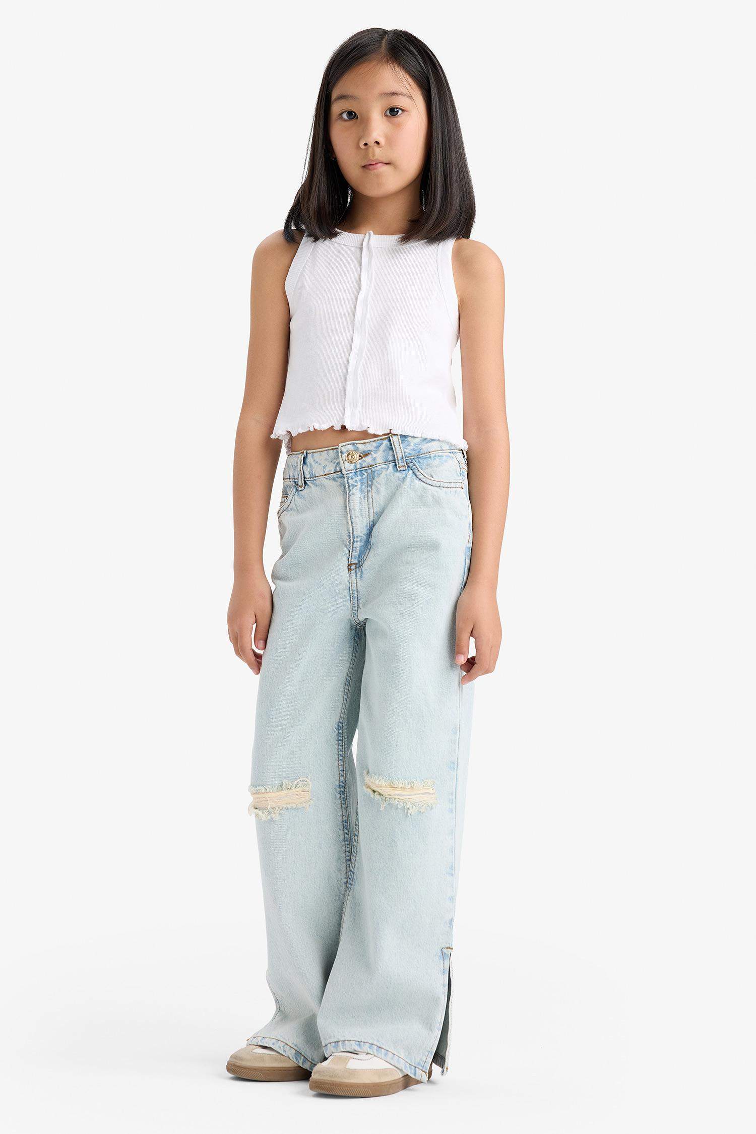 Kız Çocuk Wide Leg Yırtık Detaylı Geniş Paça Jean Pantolon