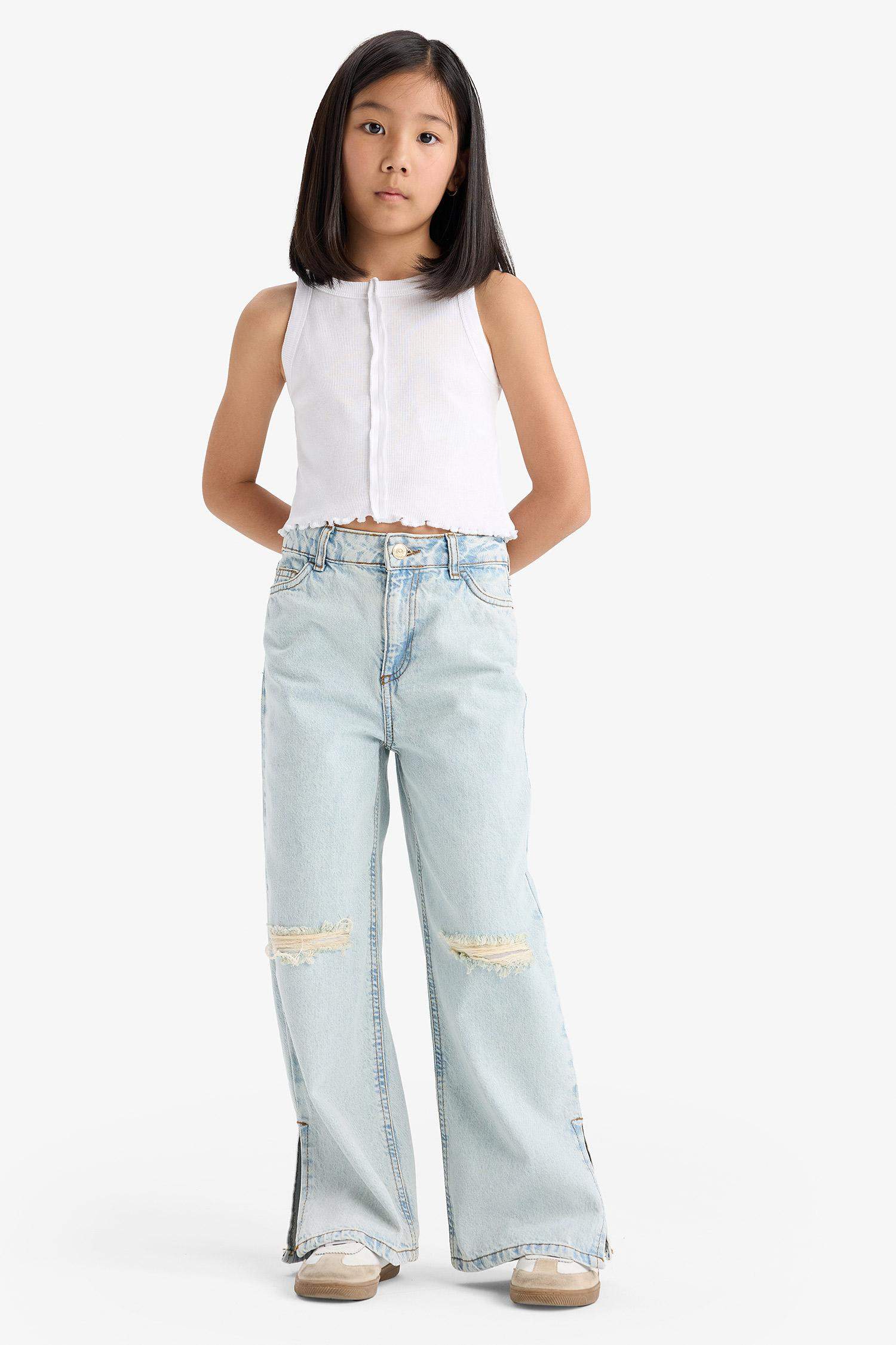 Kız Çocuk Wide Leg Yırtık Detaylı Geniş Paça Jean Pantolon