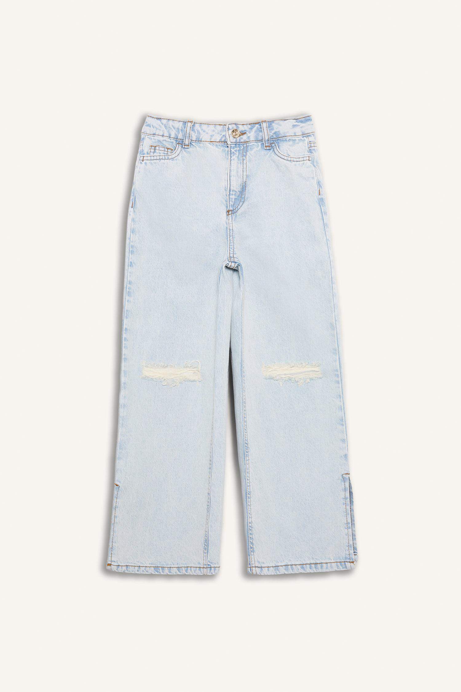 Kız Çocuk Wide Leg Yırtık Detaylı Geniş Paça Jean Pantolon