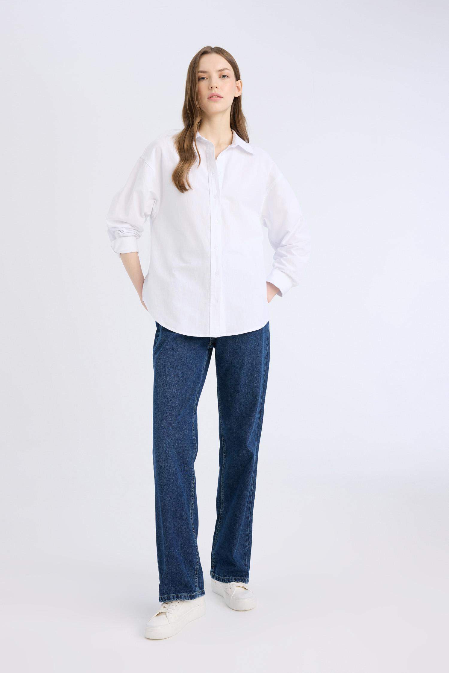 %100 Pamuk Oversize Geniş Kalıp Basic Düz Oxford Uzun Kollu Gömlek