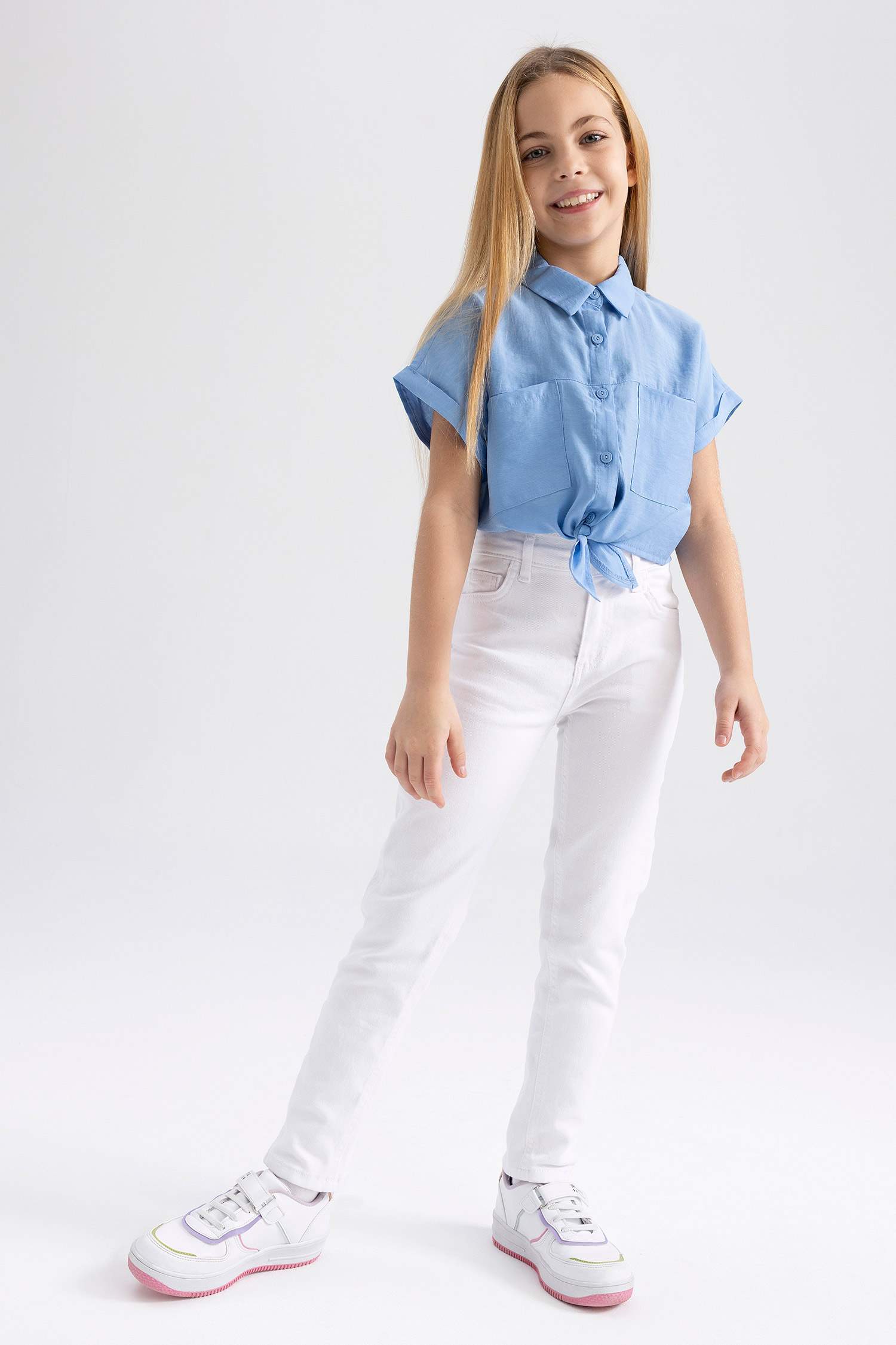 Blue GIRLS & TEENS Girls Crop Tencel Short Sleeve Shirt 2758805 | DeFacto