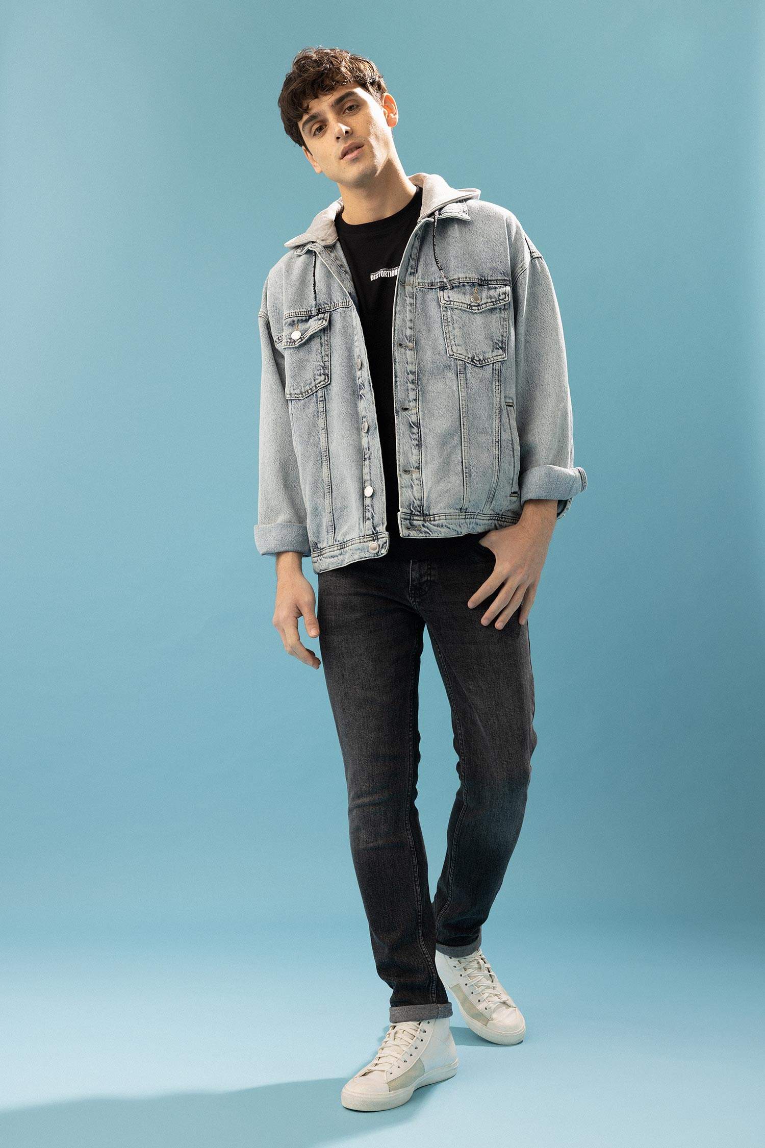 Oversize Fit Kapüşonlu Jean Ceket