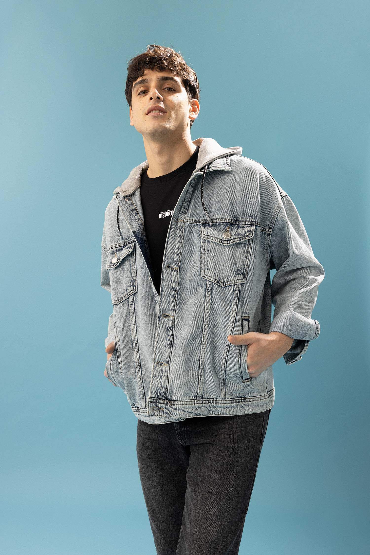 Oversize Fit Kapüşonlu Jean Ceket