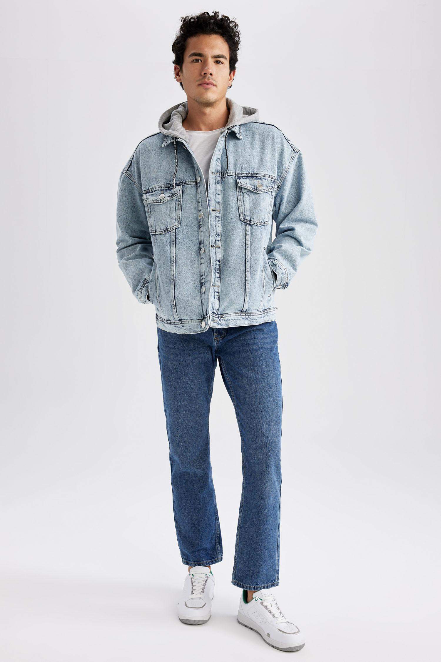 Oversize Fit Kapüşonlu Jean Ceket