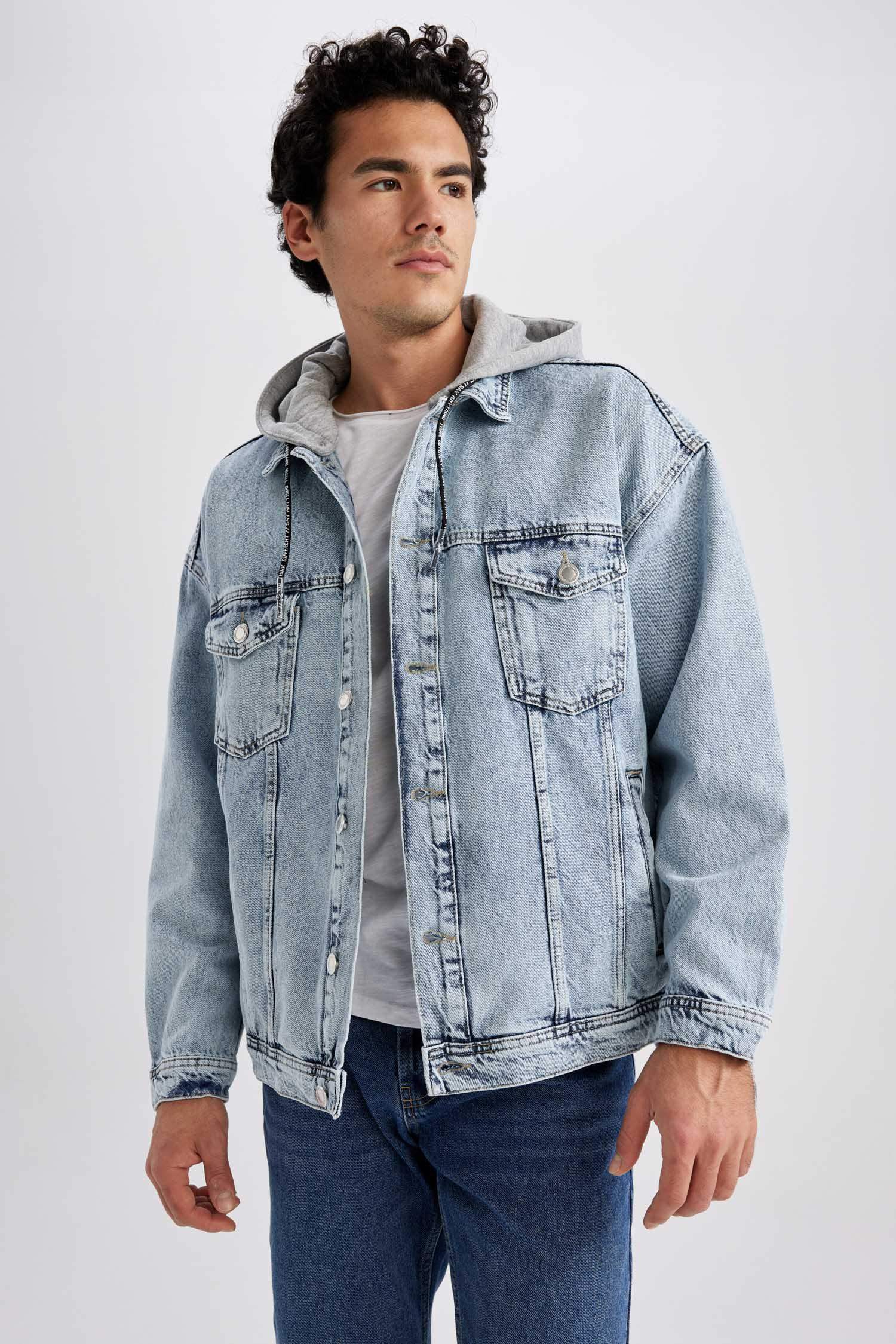 Oversize Fit Kapüşonlu Jean Ceket