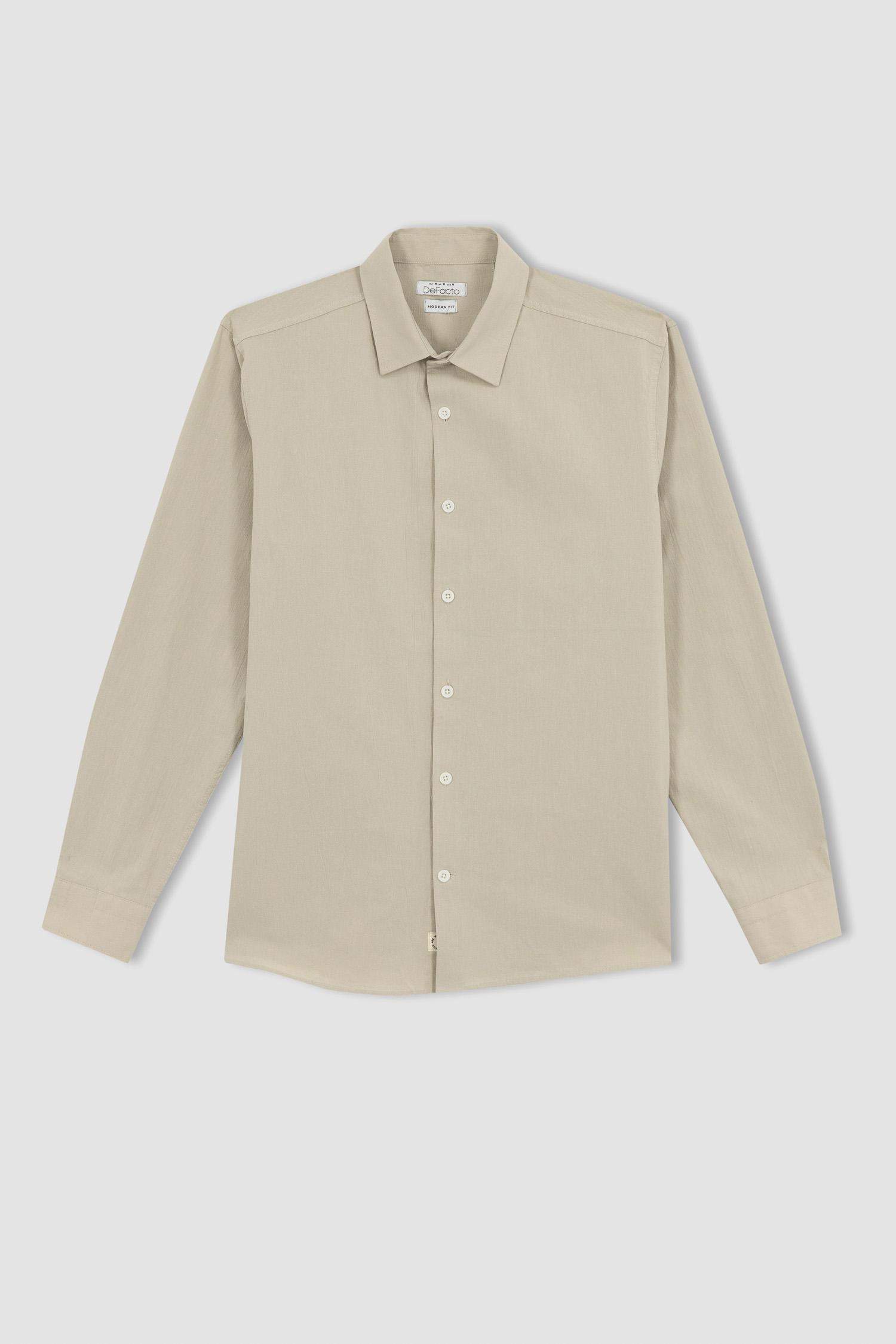 قميص كتان بولو كم طويل مودرن فيت