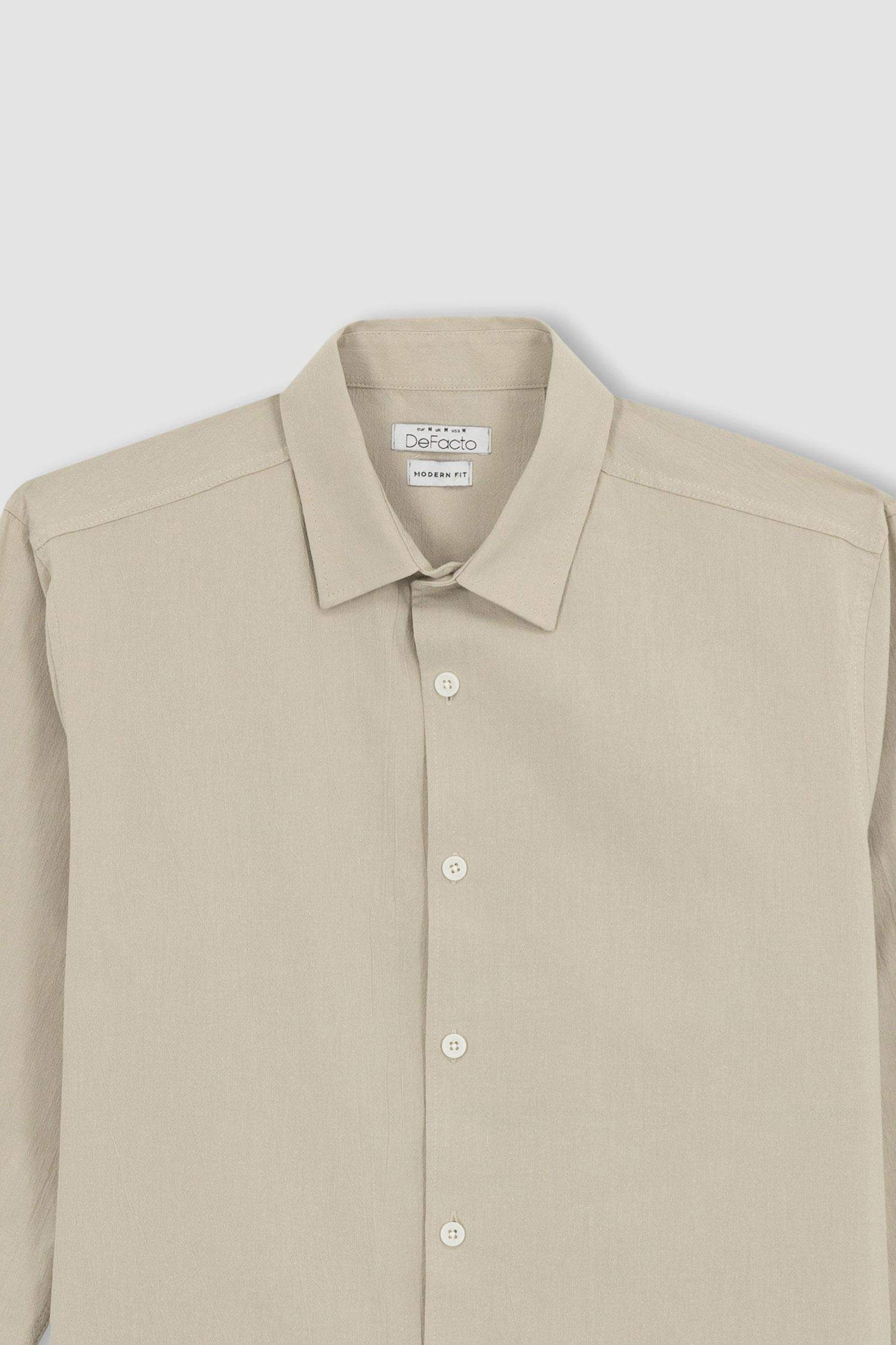 قميص كتان بولو كم طويل مودرن فيت