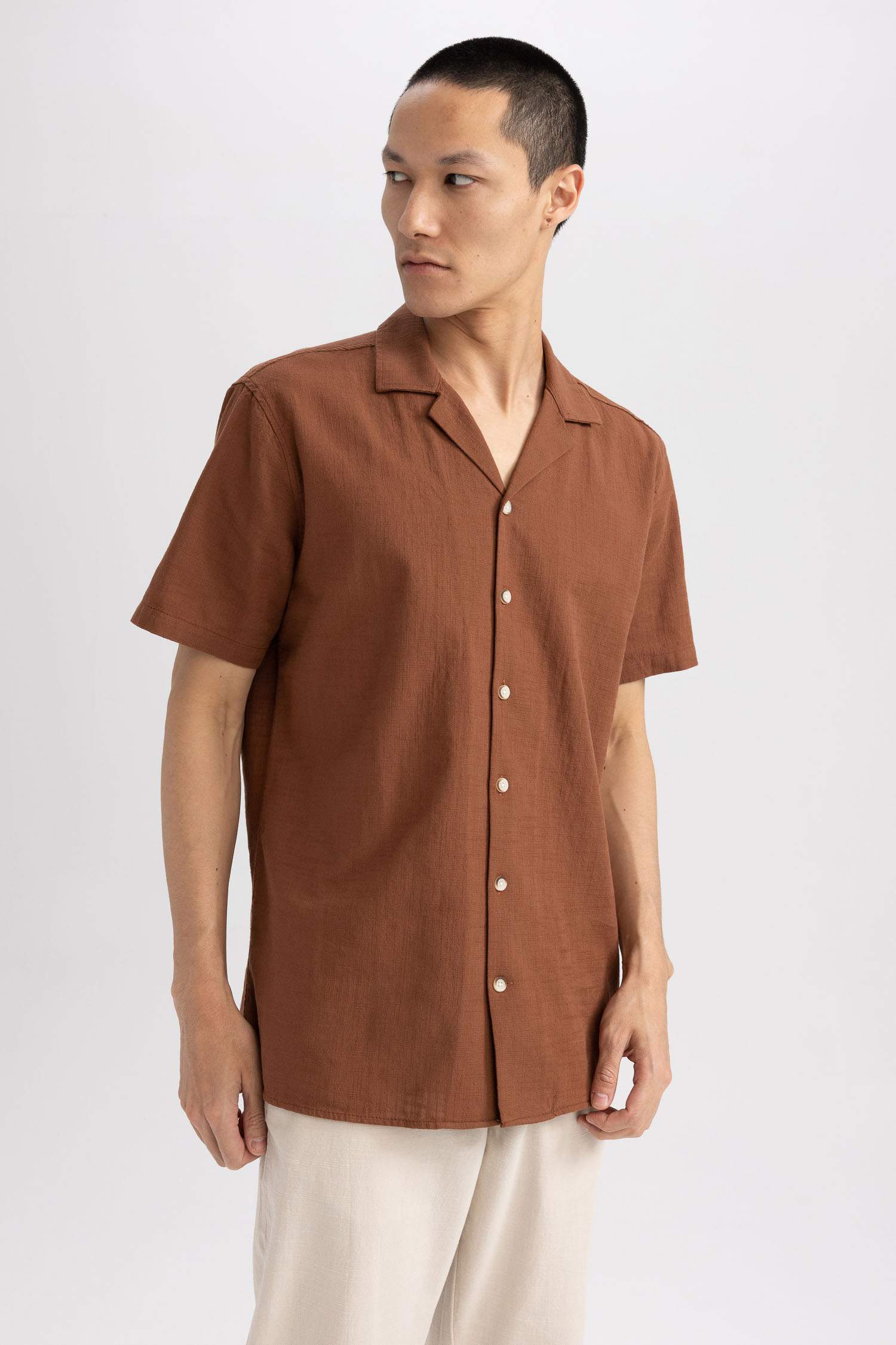 Chemise en coton à manches courtes et col boutonné Coupe moderne