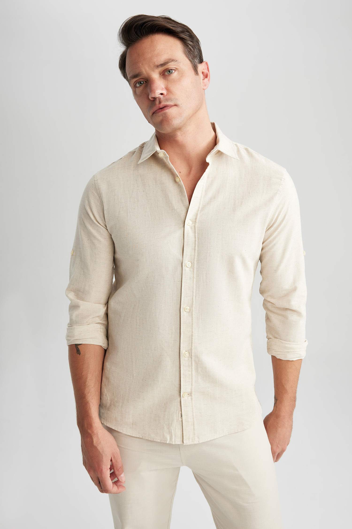 Beige Man Modern Fit Polo Neck Linen Blended Long Sleeve Shirt Defacto