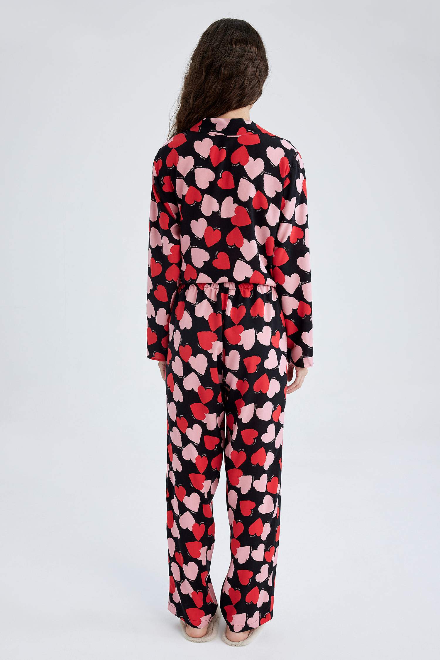 Black WOMEN Fall In Love Regular Fit Heart Patterned Viscose Pajama