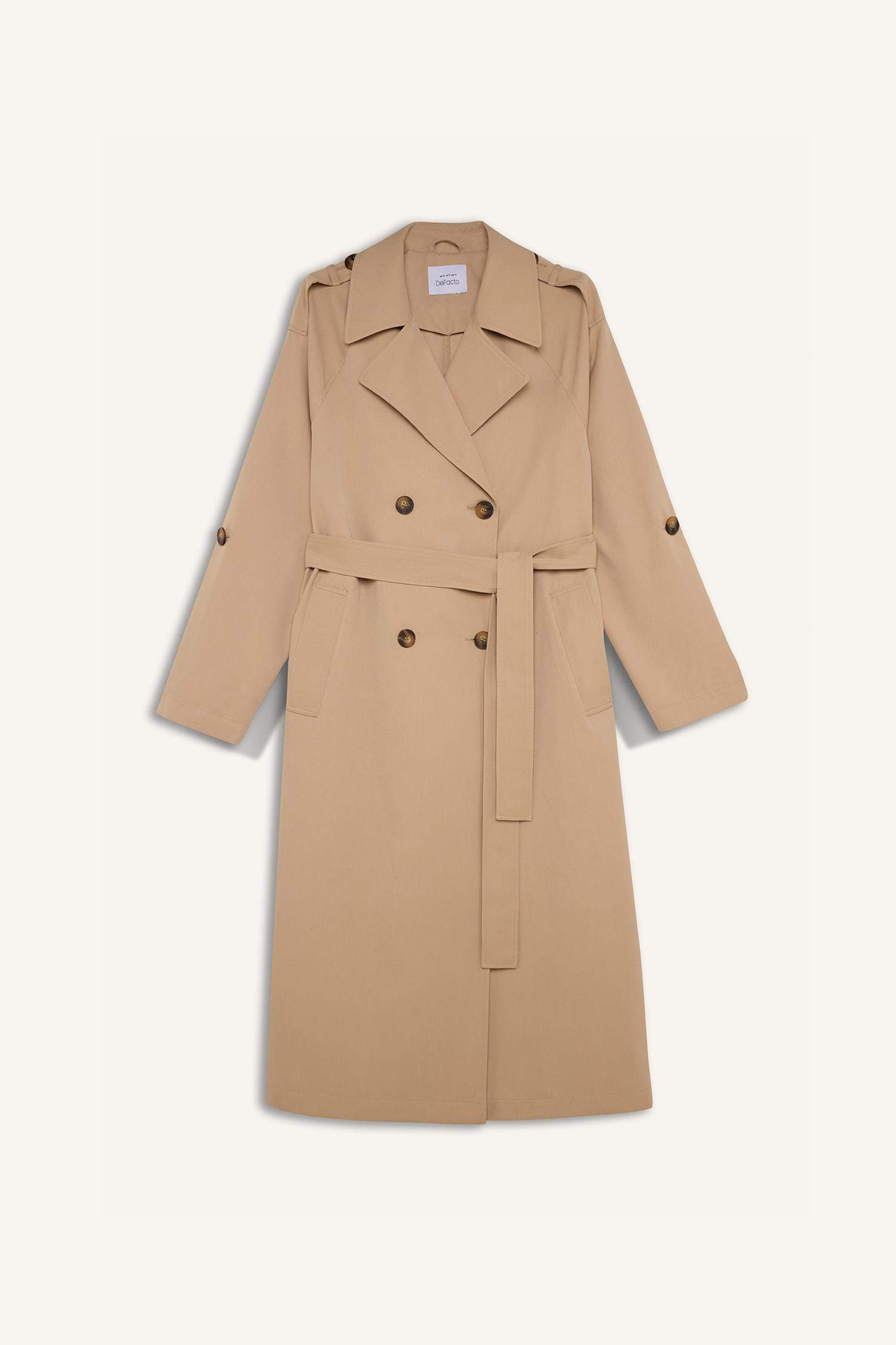 Su İtici Oversize Geniş Kalıp Uzun Trençkot Kruvaze Yaka Düğmeli Cepli Kol Ucu Katlamalı Rüzgarlık Detaylı Mevsimlik