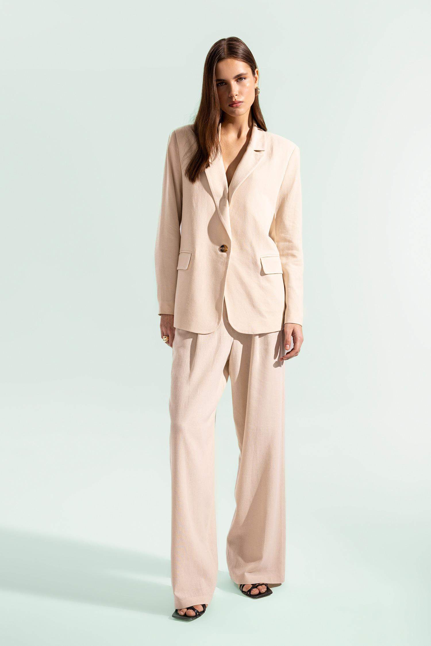 Keten Karışımlı Palazzo Pantolon Wide Leg Çift Cepli Yüksek Bel Geniş Bol Paça