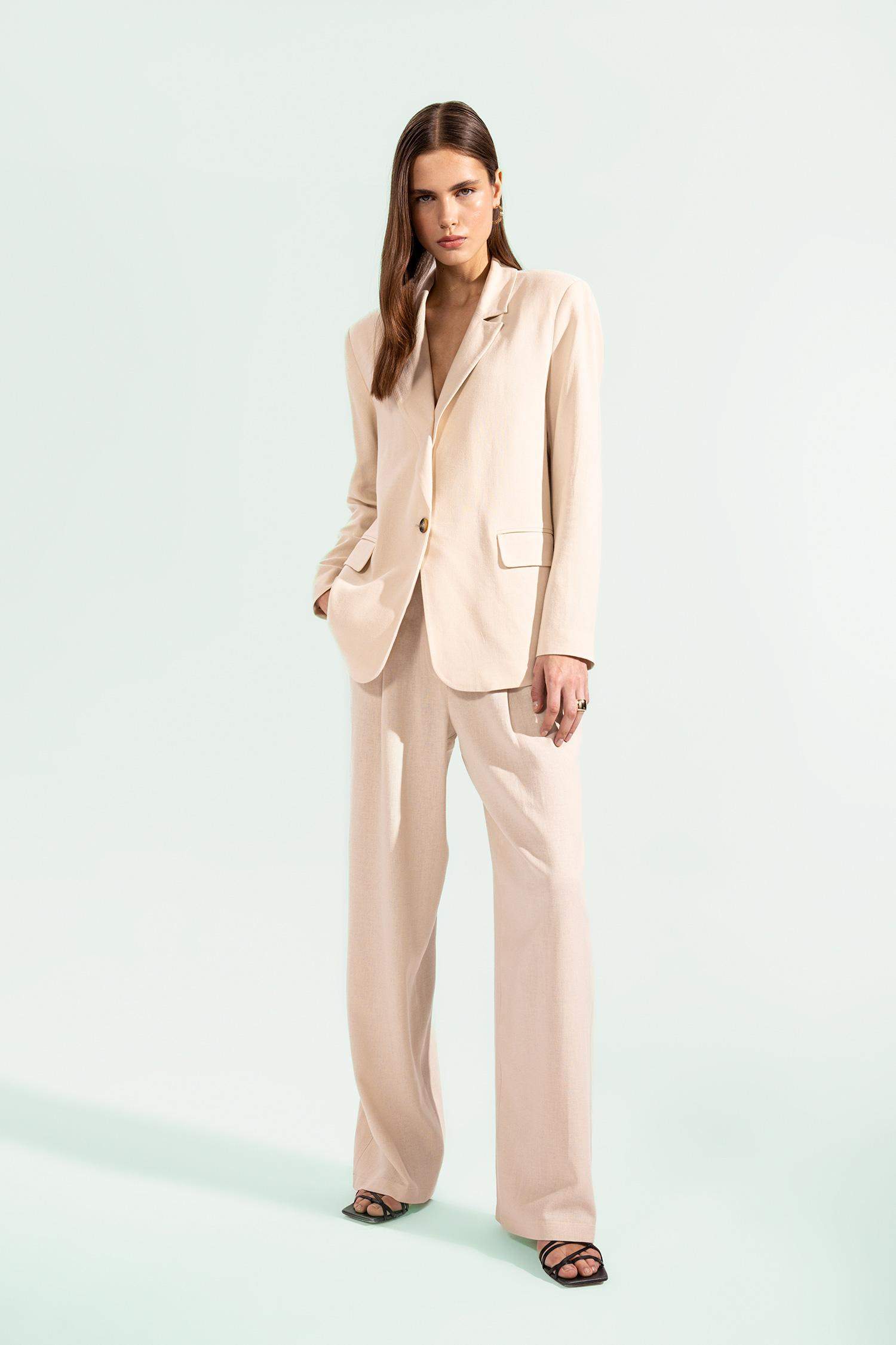 Keten Karışımlı Palazzo Pantolon Wide Leg Çift Cepli Yüksek Bel Geniş Bol Paça