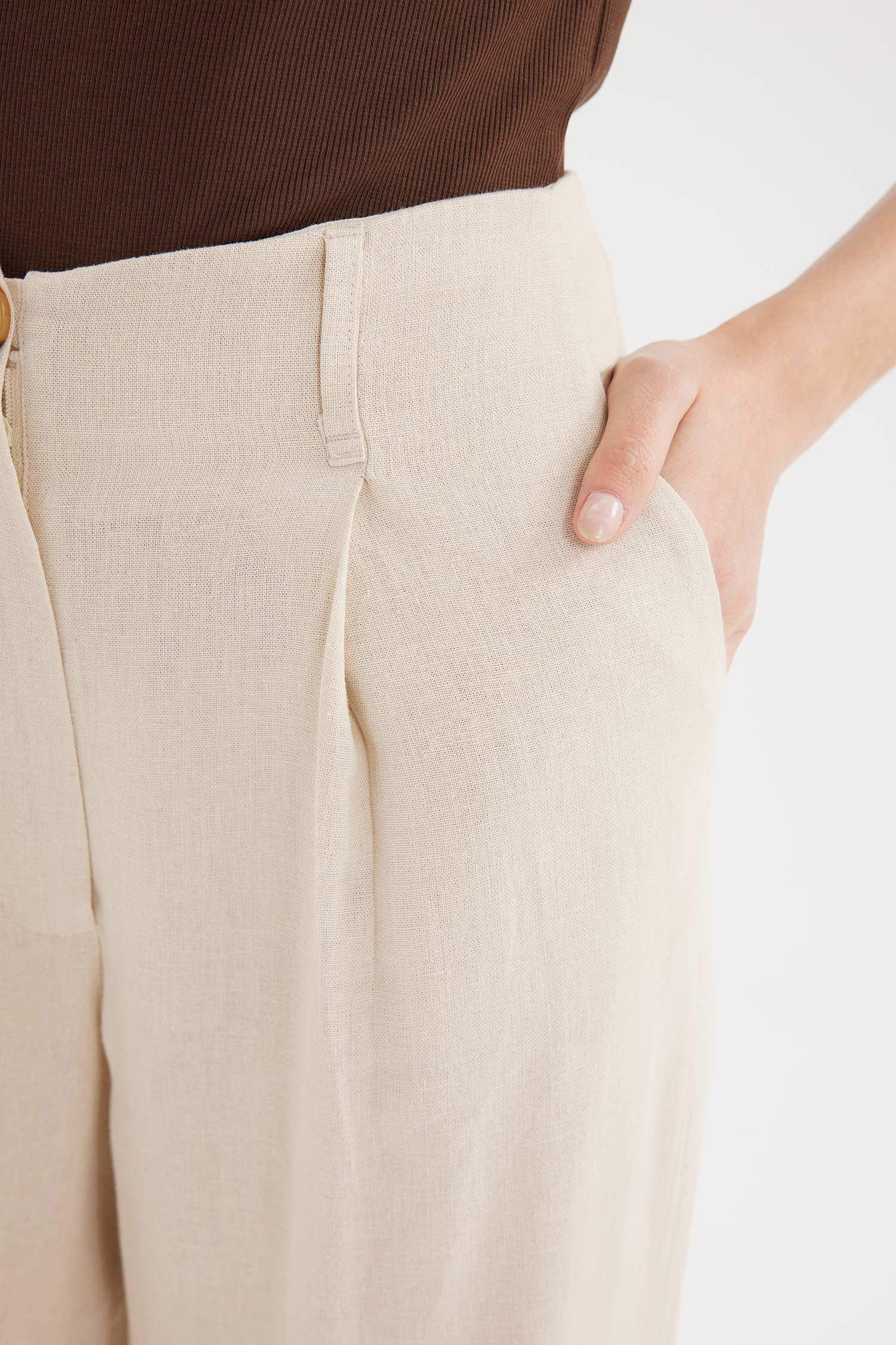 Keten Karışımlı Palazzo Pantolon Wide Leg Çift Cepli Yüksek Bel Geniş Bol Paça