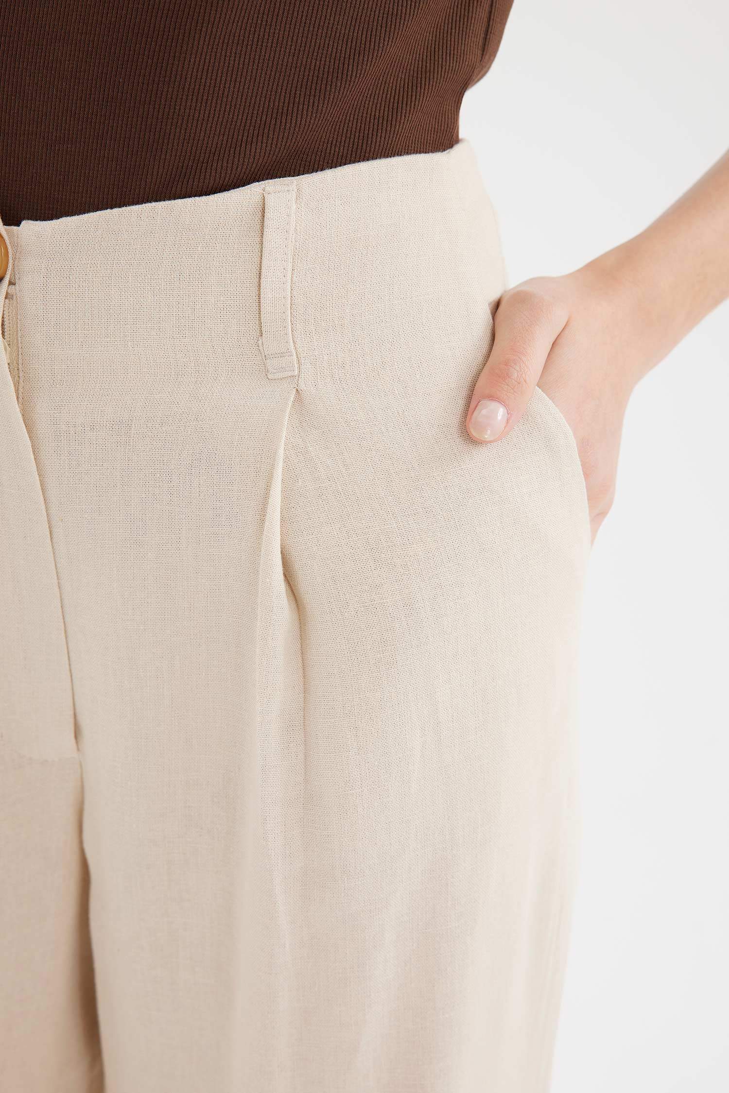 Keten Karışımlı Palazzo Pantolon Wide Leg Çift Cepli Yüksek Bel Geniş Bol Paça