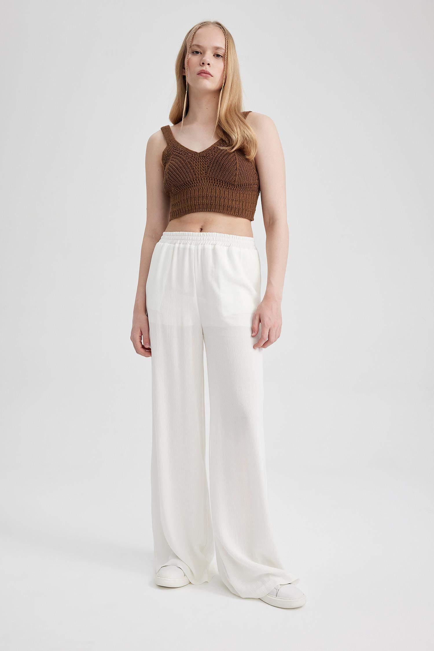 White Woman Wide Leg Crinkle Viscose Pants 2838632 DeFacto