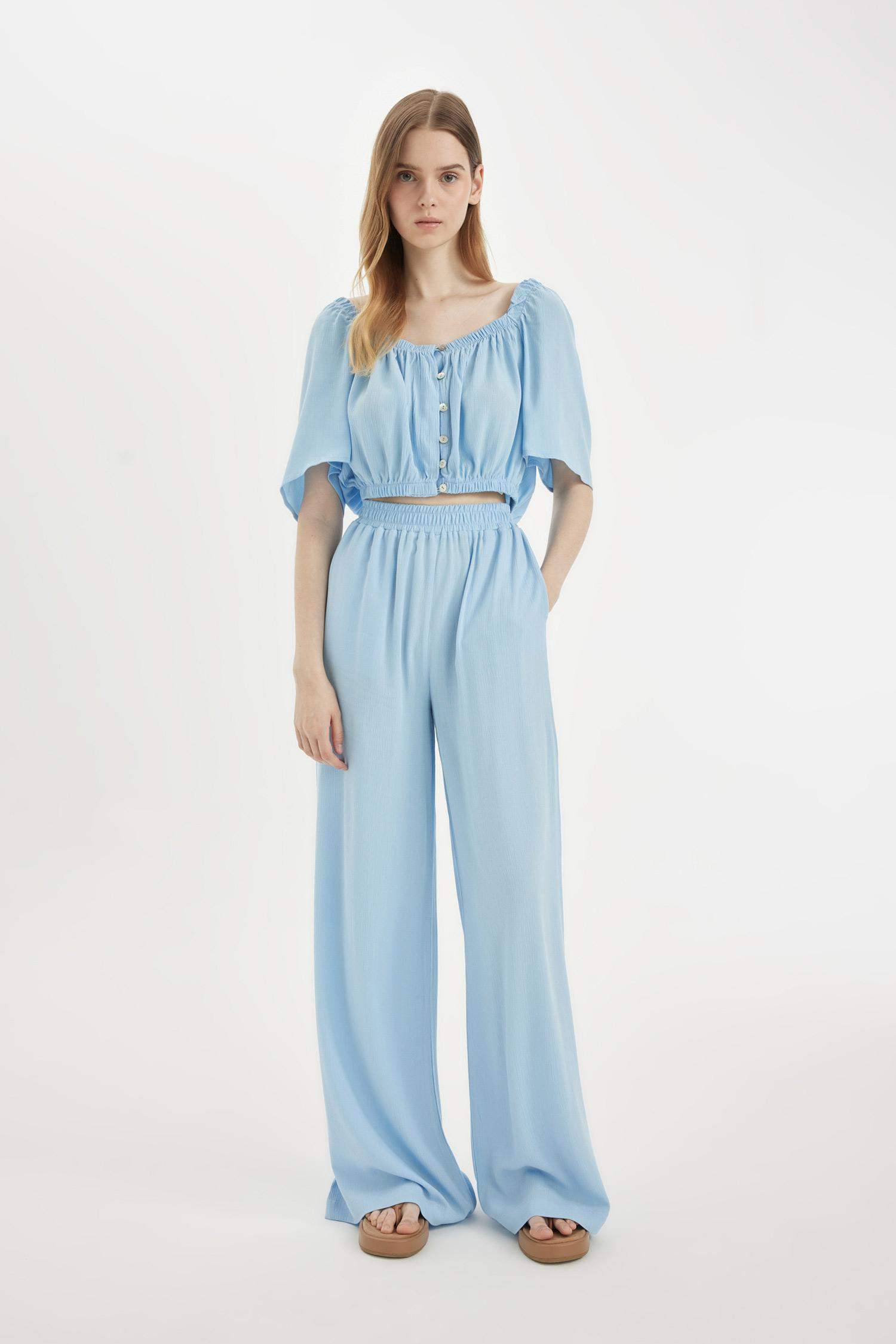 Wide Leg High Waist Standard Length Crinkle Viscose Trousers