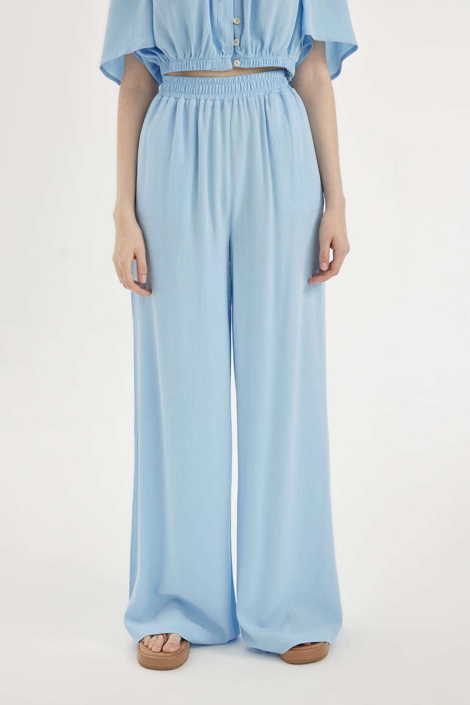 Wide Leg High Waist Standard Length Crinkle Viscose Trousers
