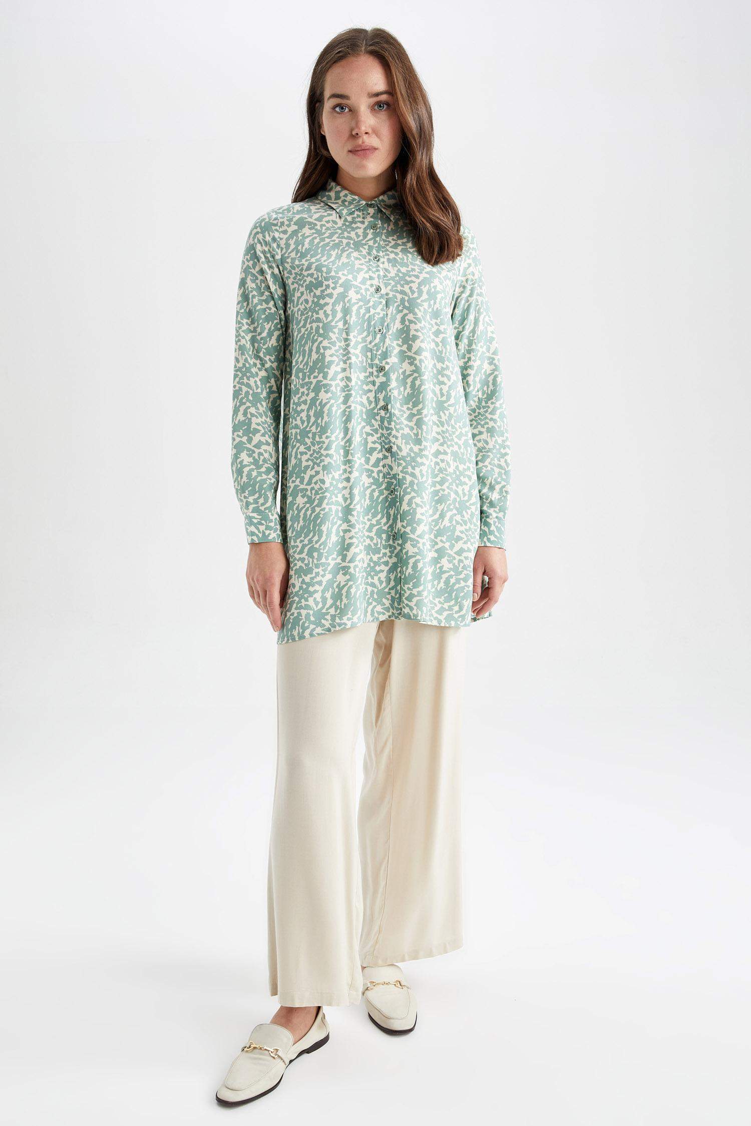 Regular Fit Leopar Desenli Uzun Kollu Gömlek Tunik
