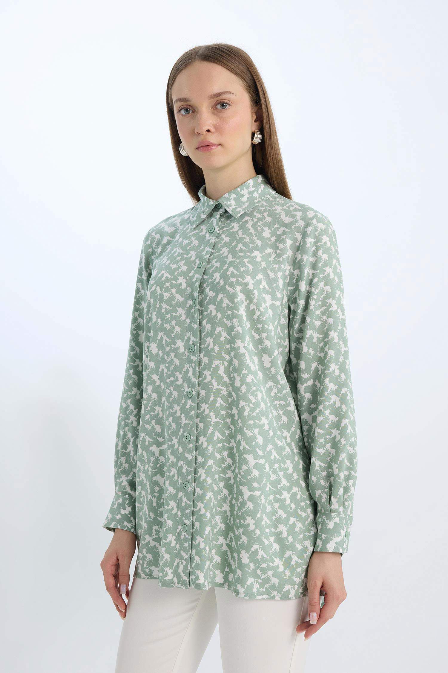 Regular Fit Shirt Collar Animal Long Sleeve Tunic