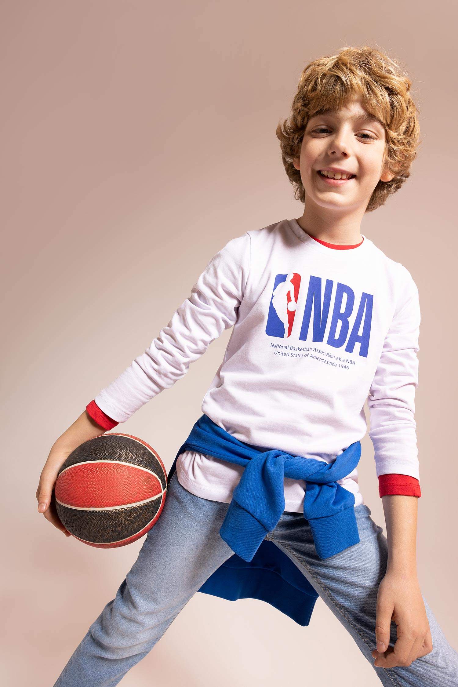 White & TEENS Boys' Defacto Fit NBA Fit Crew Long Sleeved T-Shirt 2753409 | DeFacto